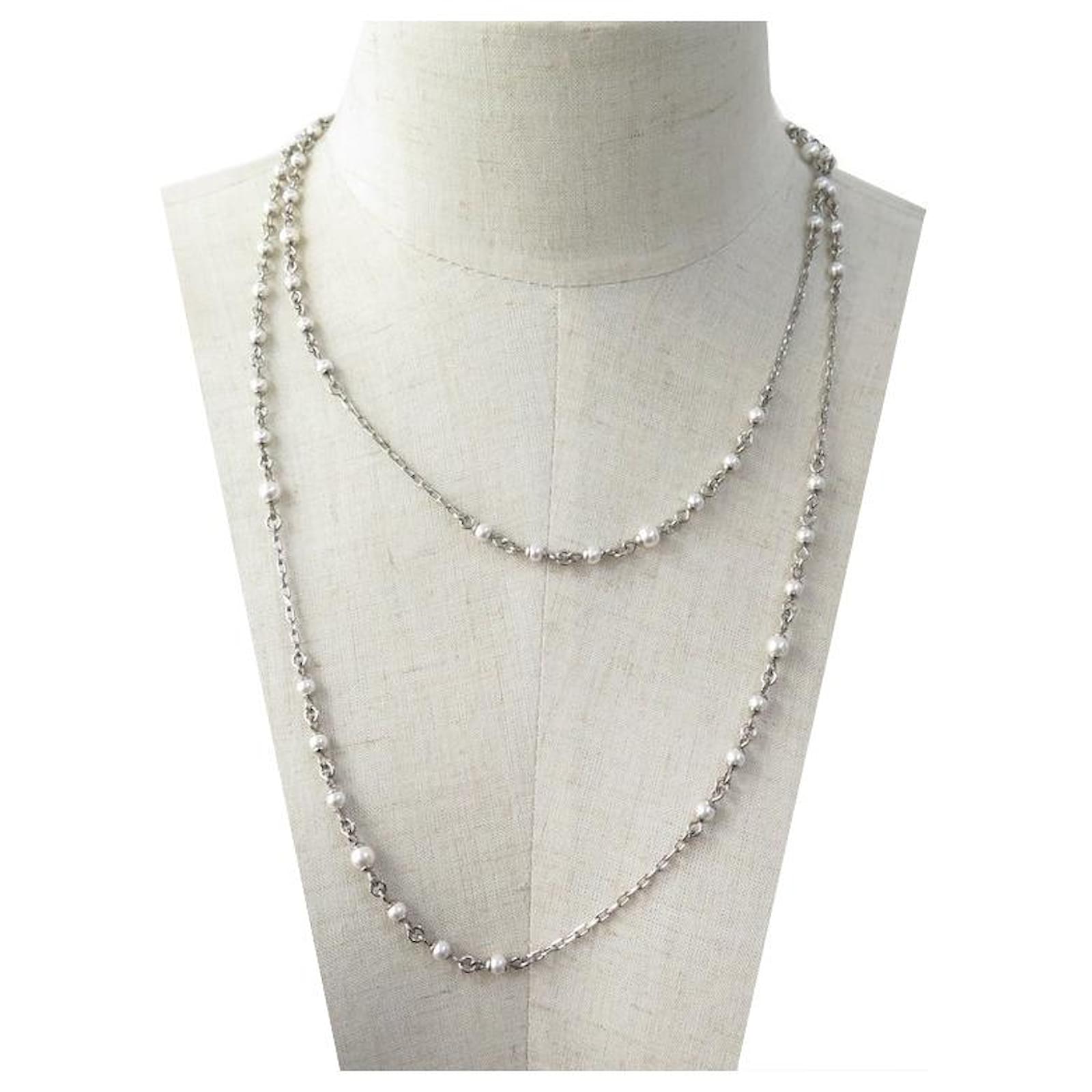 NEW CHANEL NECKLACE SAUTOIR PEARLS AND SILVER METAL CHAIN NEW