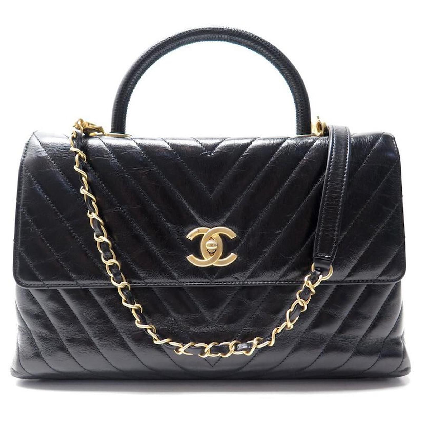 CHANEL Calfskin Chevron Quilted Coco Handle Flap Black 259423