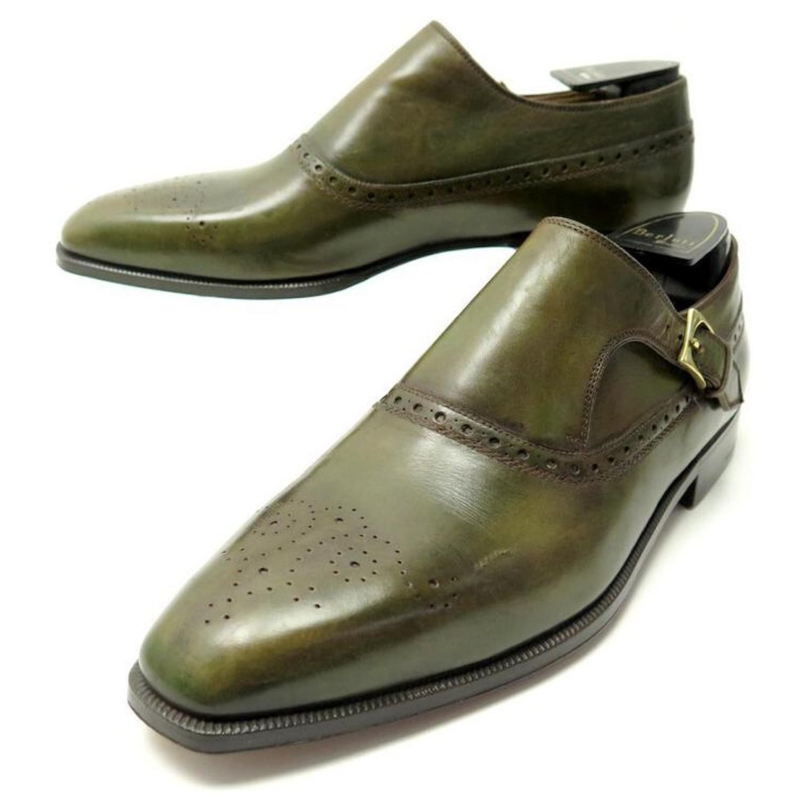 NINE BERLUTI MOCCASIN SHOES WITH BUCKLE 9 43 GREEN PATINA LEATHER