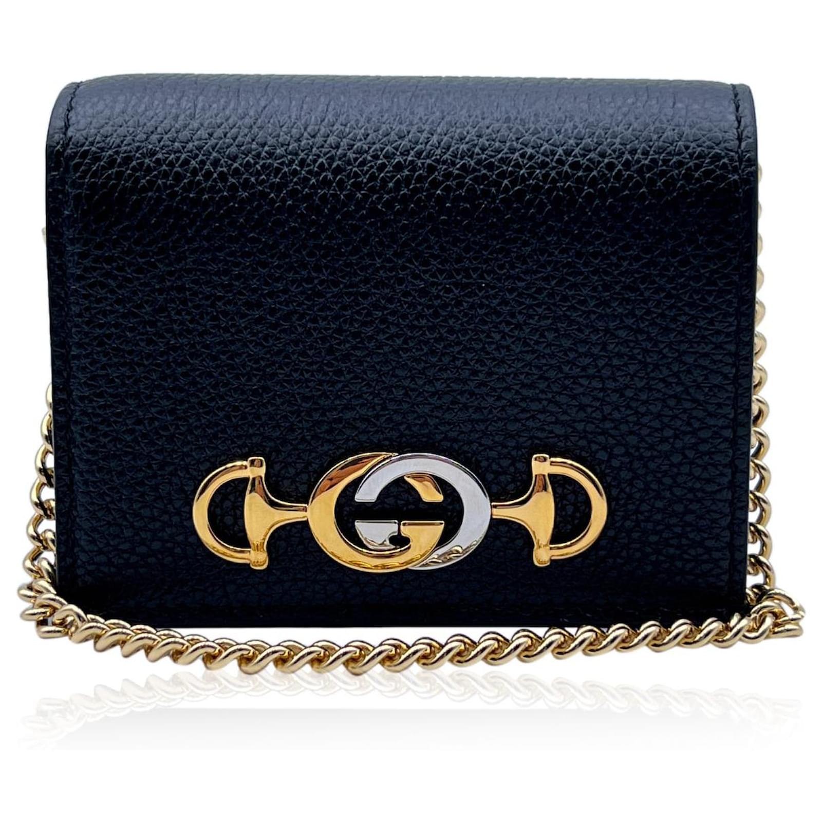 Gucci Black Leather Zumi Credit Card Case Mini Wallet with Chain