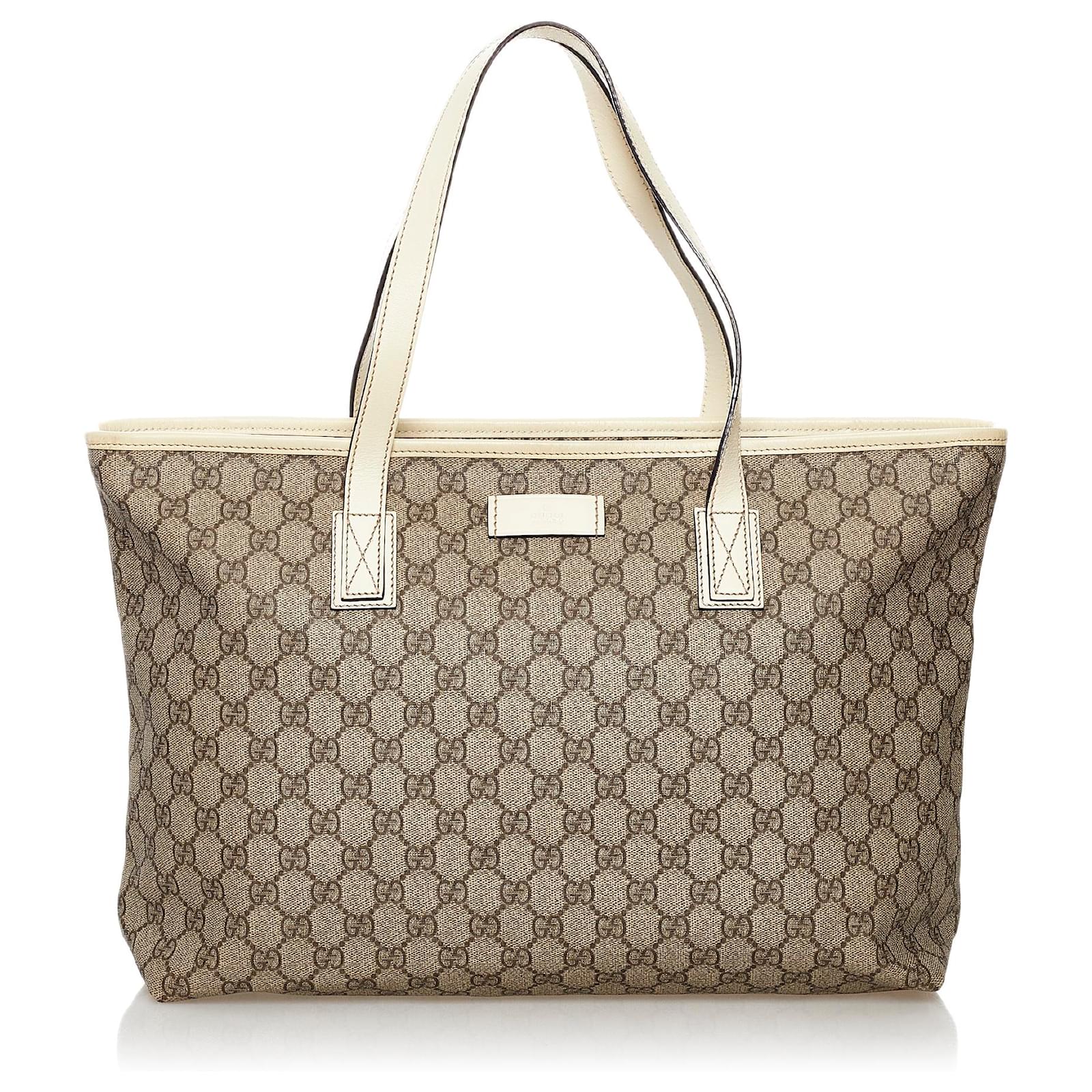 Gucci Brown GG Supreme Tote Bag White Beige Leather Cloth Pony