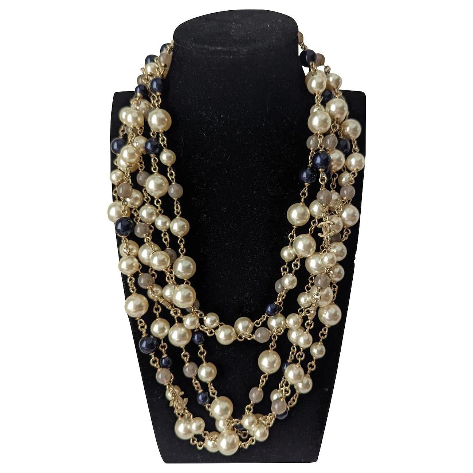 Chanel CC A16K Logo Long Baroque pearl 3 strand necklace with box tag White  Metal ref.541193 - Joli Closet