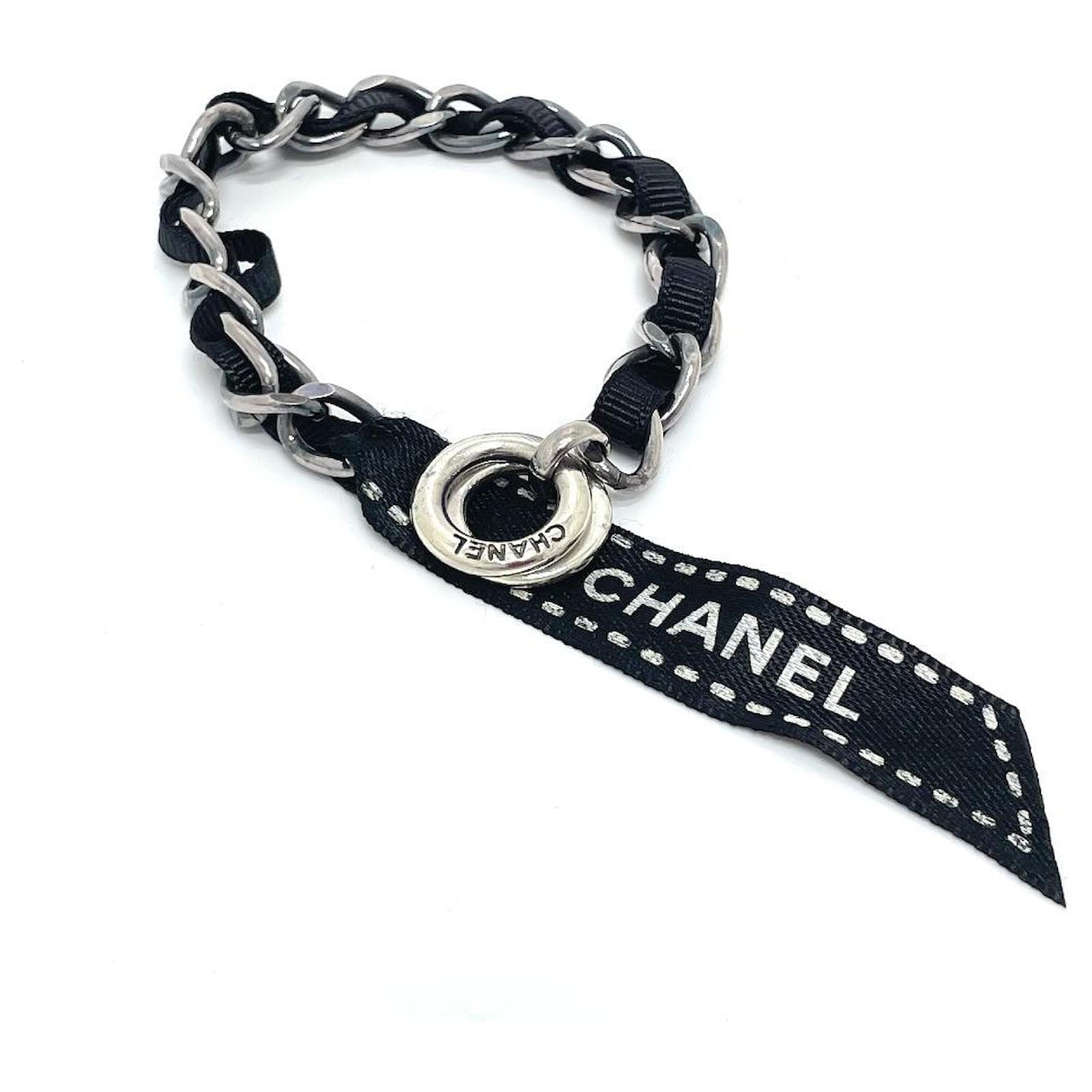 CHANEL logo ribbon chain bracelet SV925 ladies silver x black ref