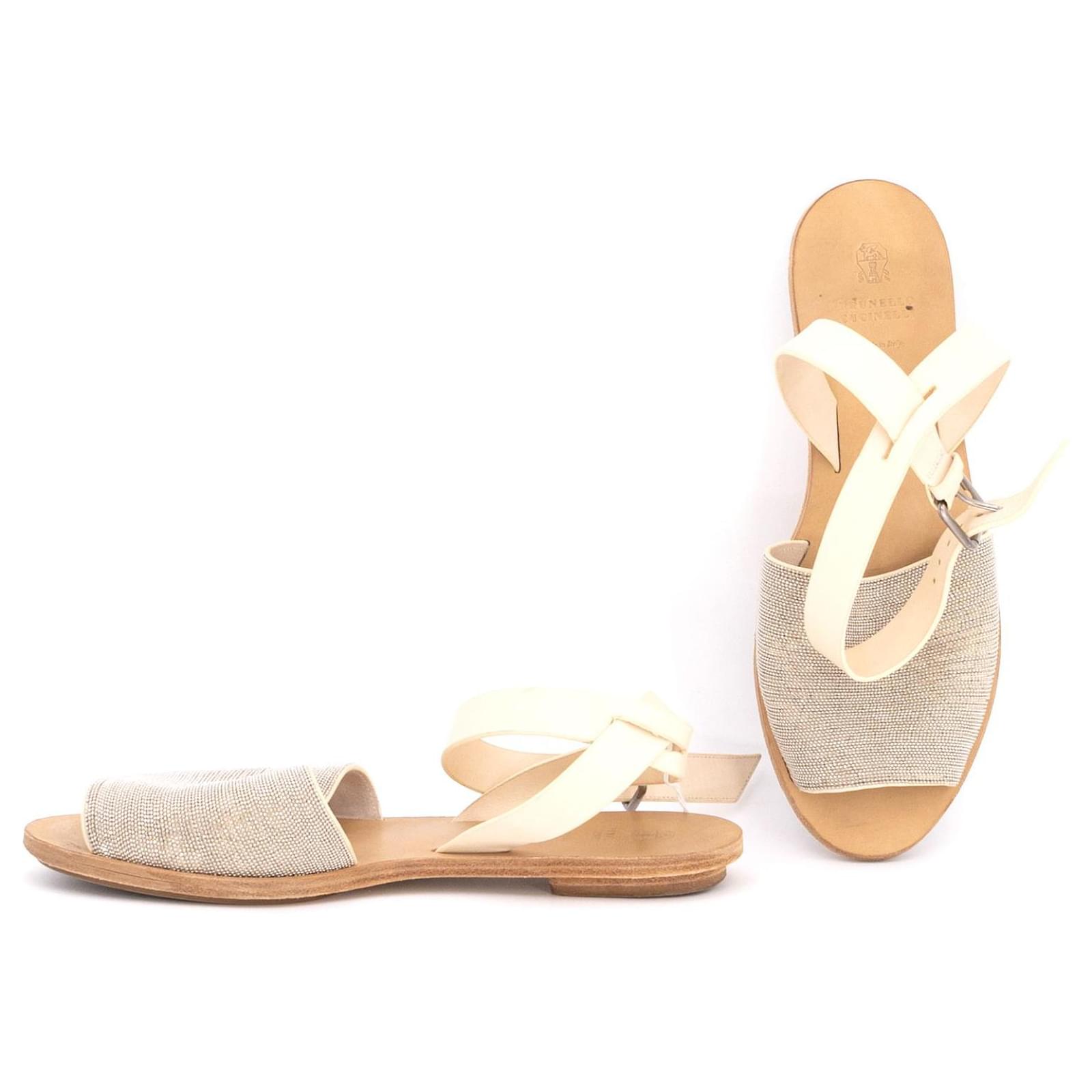 Brunello Cucinelli sandals in cream leather with silver Precious bead