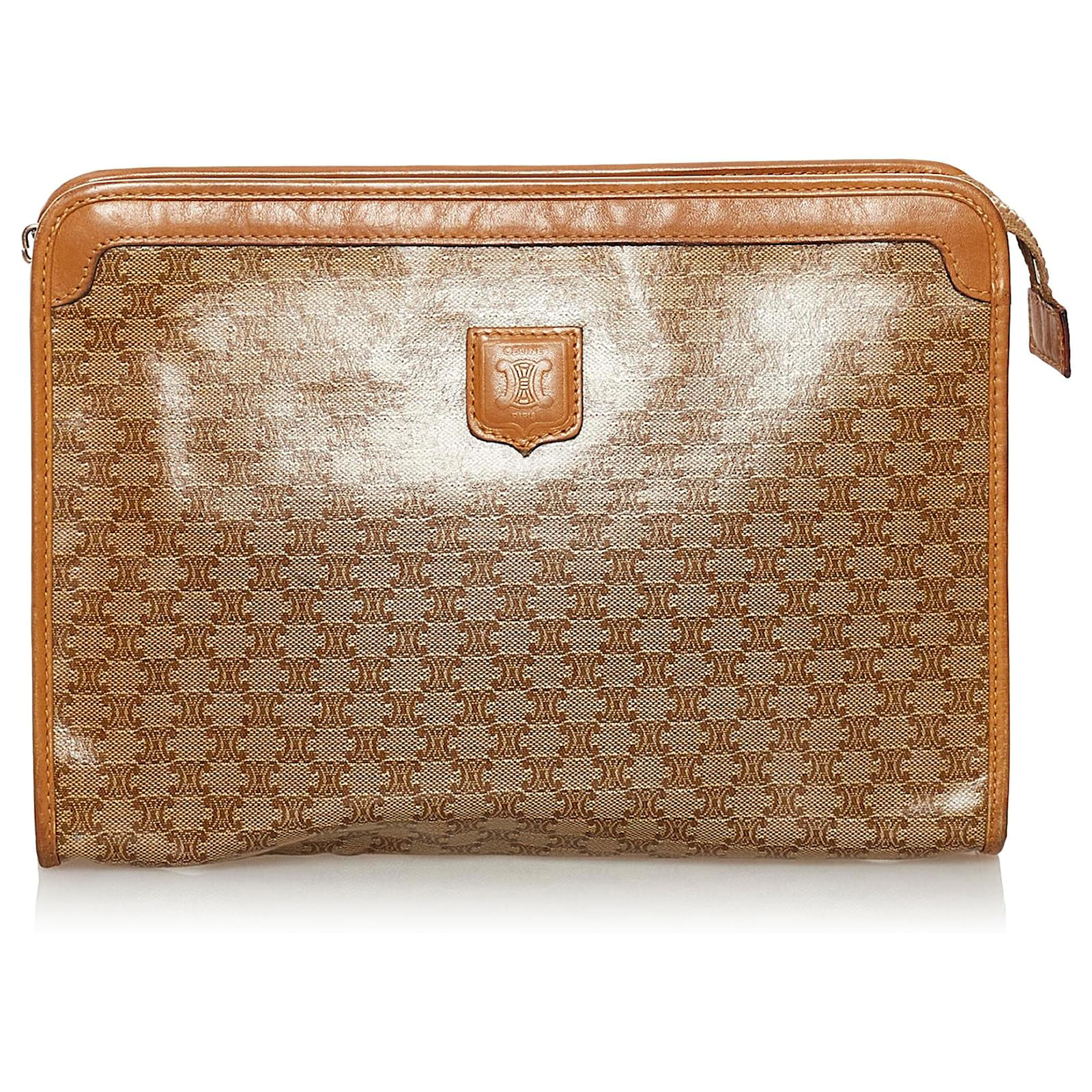 Céline Celine Brown Macadam Clutch Bag Beige Leather Plastic Pony-style ...