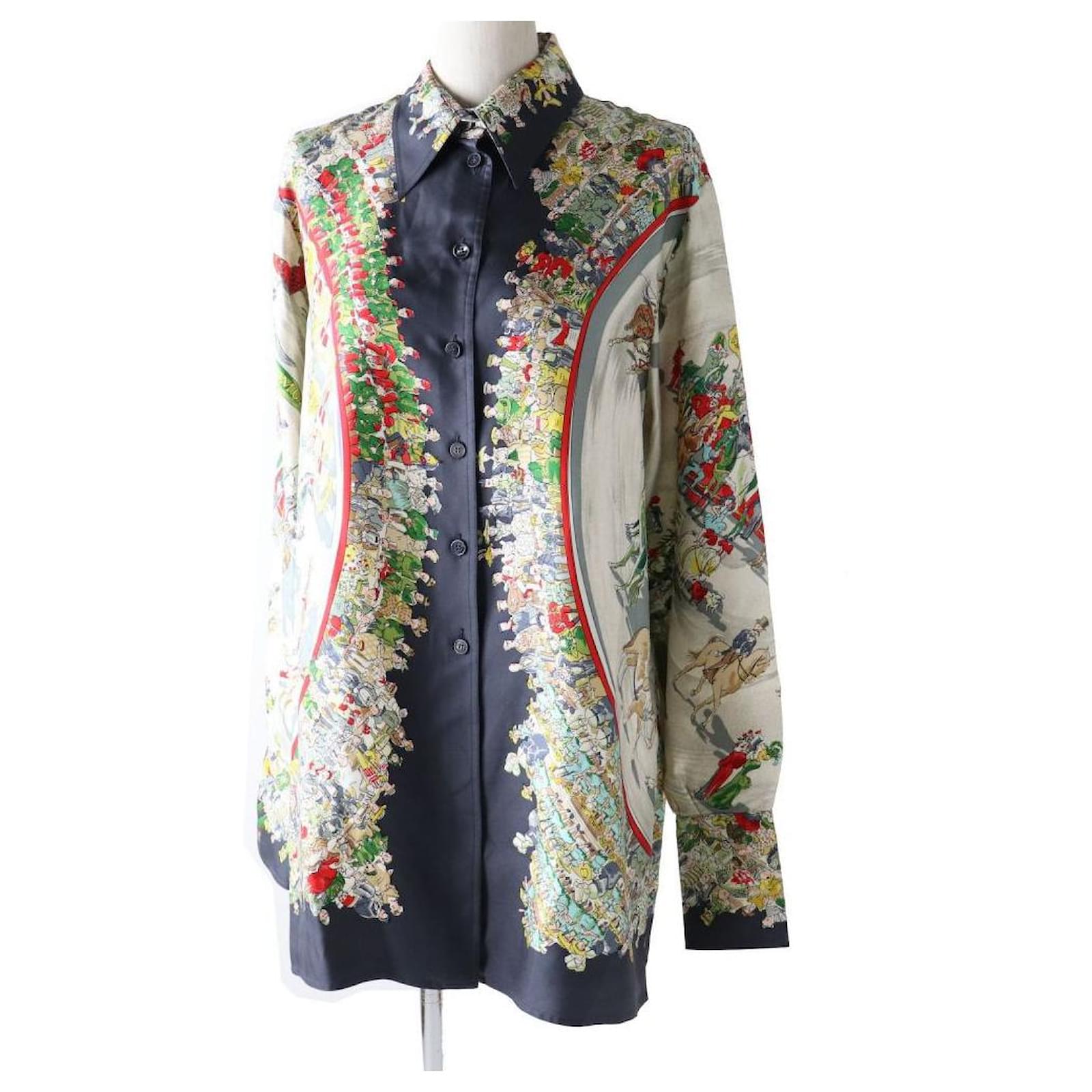 トップス HERMES CIRQUE MOLIER Silk Shirt Rare Scarf Print HERMES Silk Shirt - Cirque Molier - Size 38