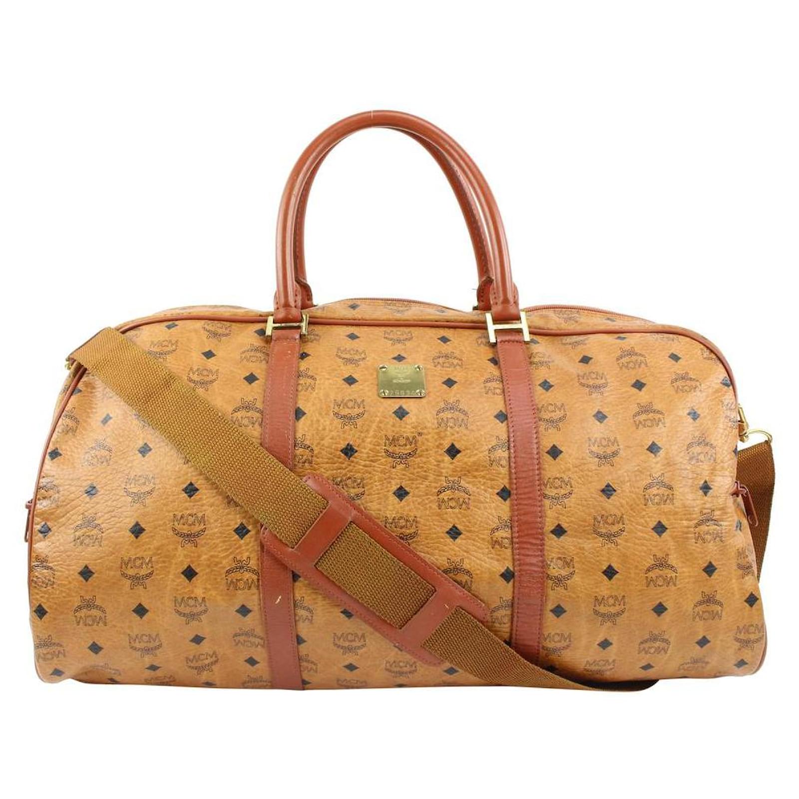 MCM Cognac Monogram Visetos Boston Duffle Bag with Strap Leather