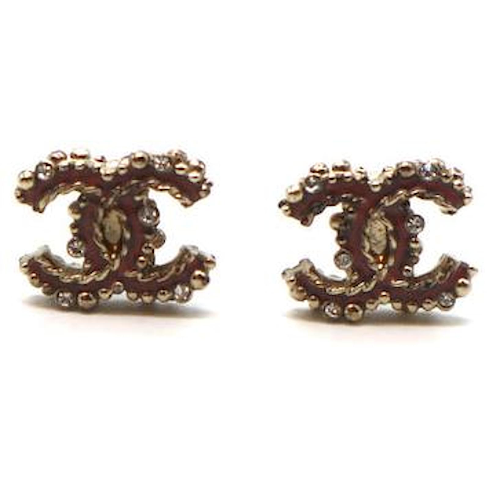 Chanel Gold Crystals CC Enamel Stud Earrings Golden Metal ref