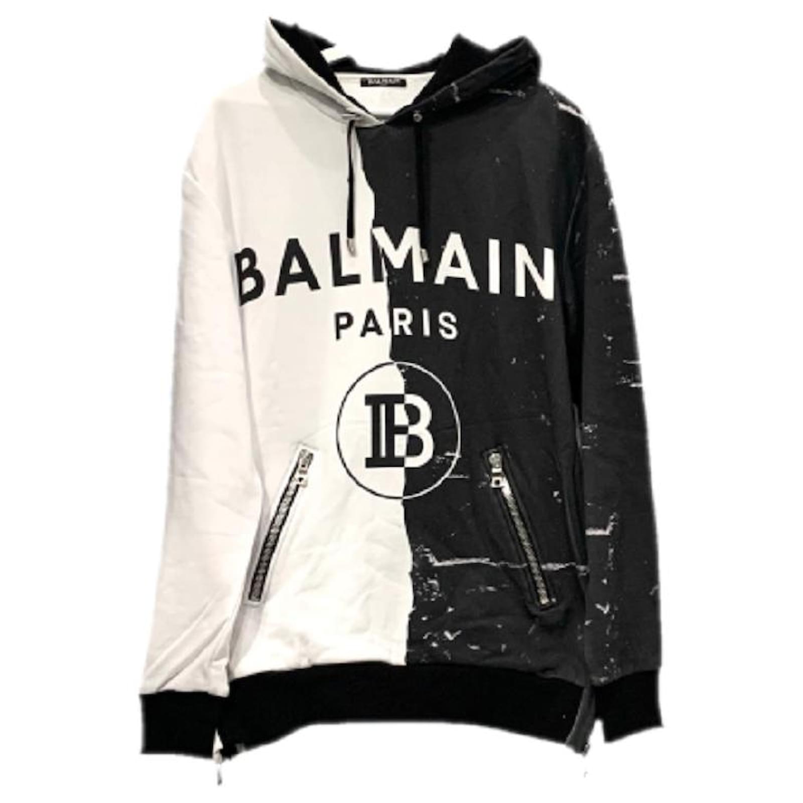 *BALMAIN Balmain Parker Hood Jacket Tops Logo Long Sleeve Black White ...