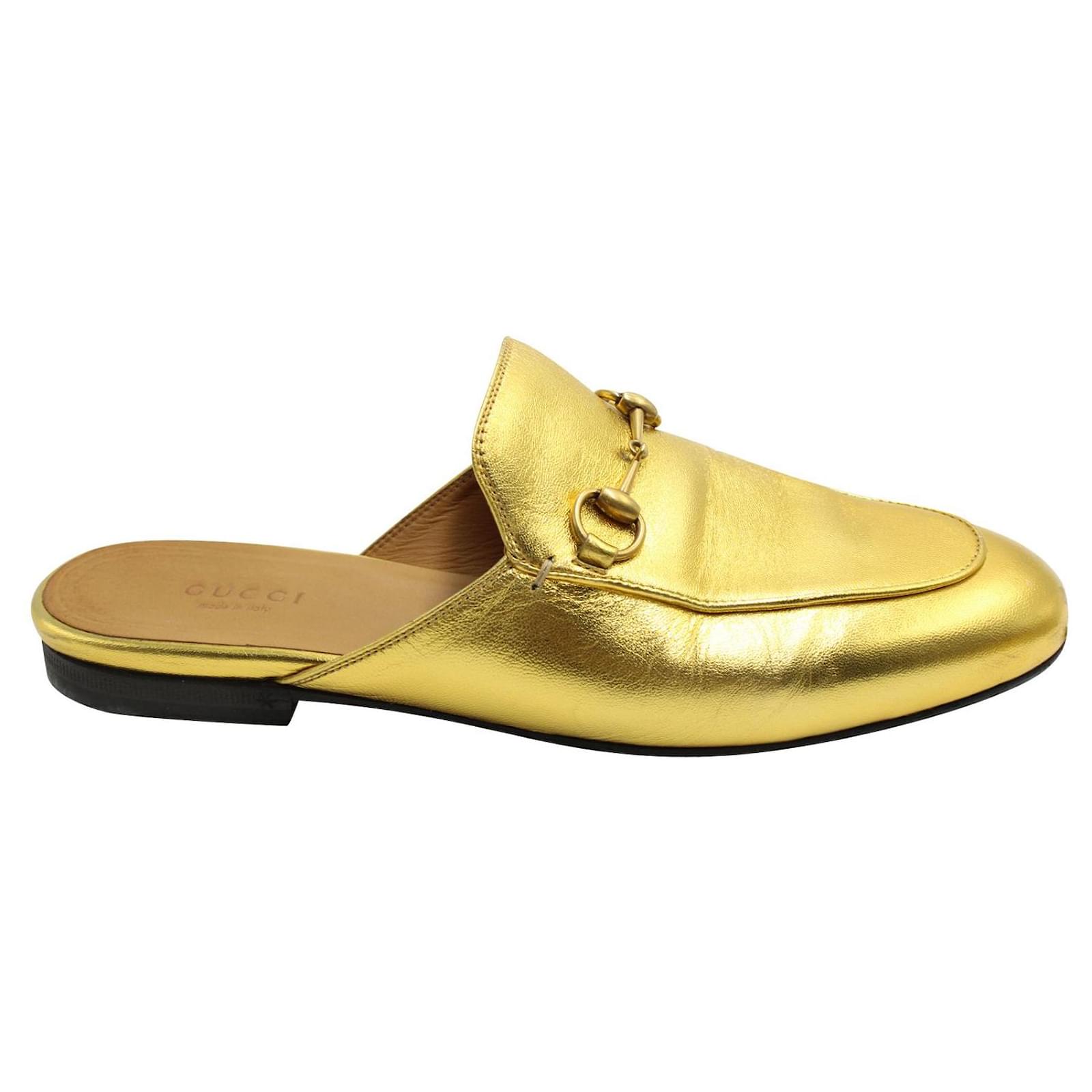 Gucci Gold Metallic Horsebit Mules Golden Leather  - Joli Closet
