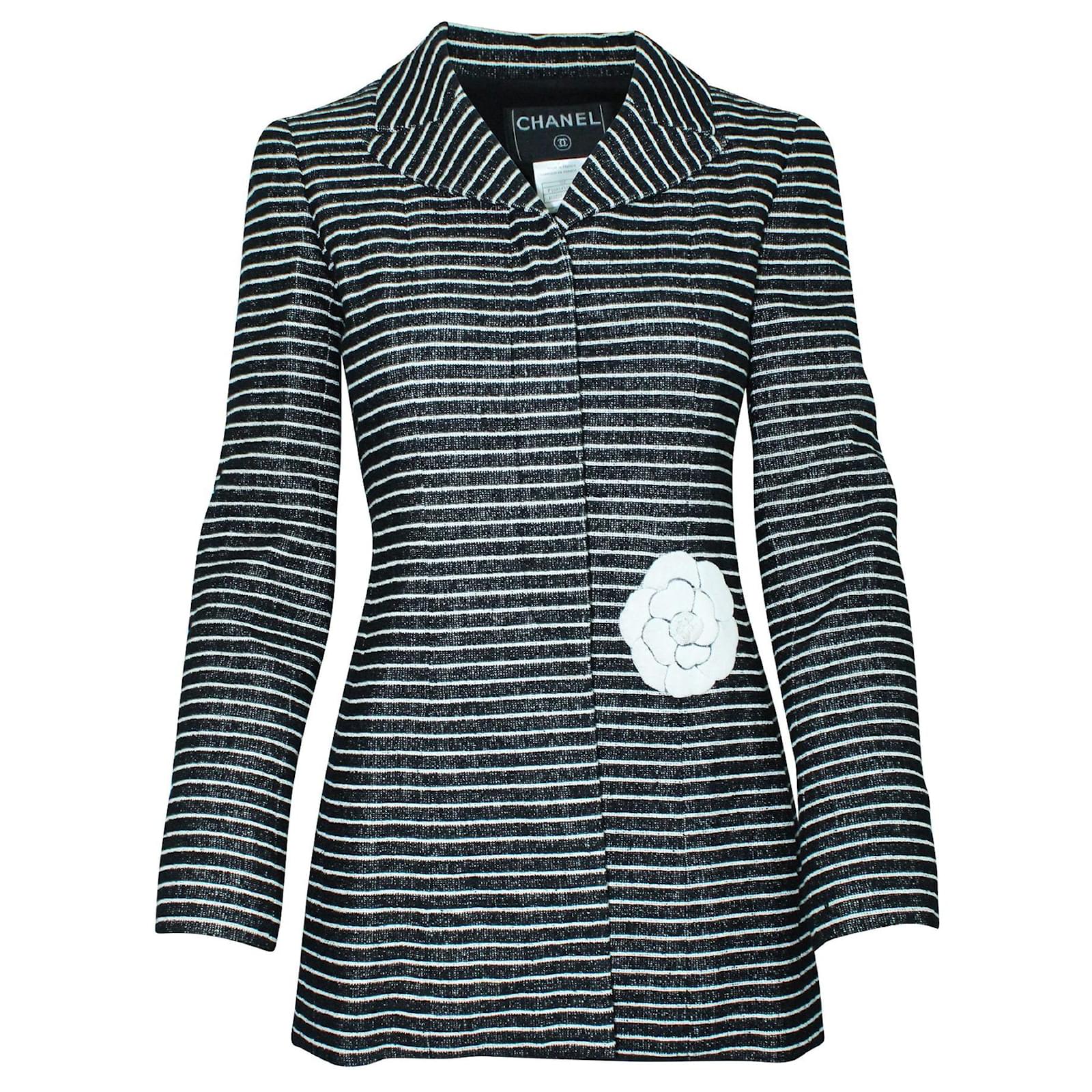 Timeless Chanel Vintage Striped Jacket with Camelia Flower Embroidery Black  ref.548722 - Joli Closet