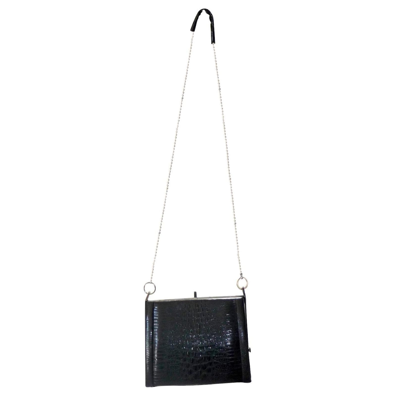 Black genuine exotic leather handbag with chain strap