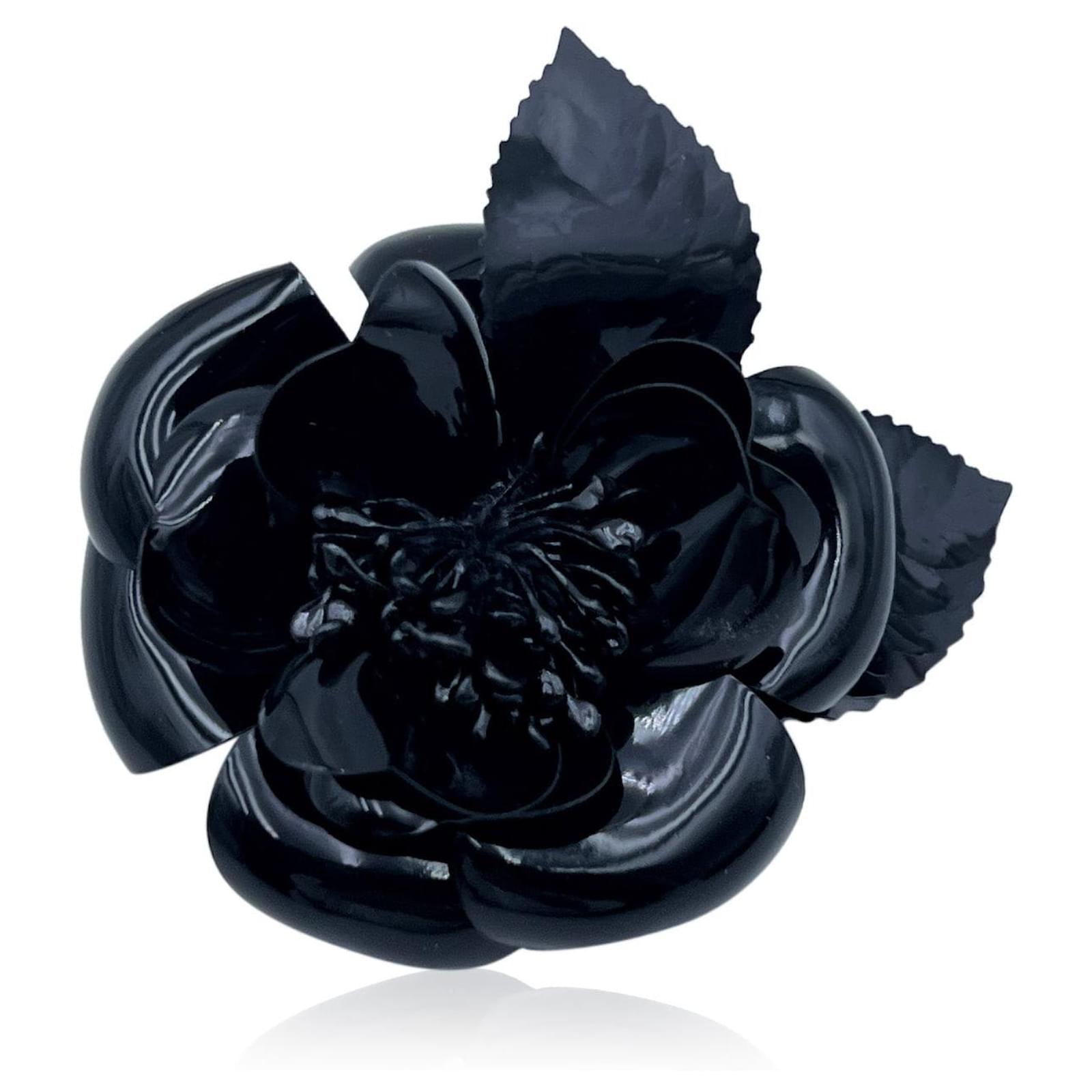 Chanel Vintage Black Silk Satin Gardenia Camellia Flower Pin