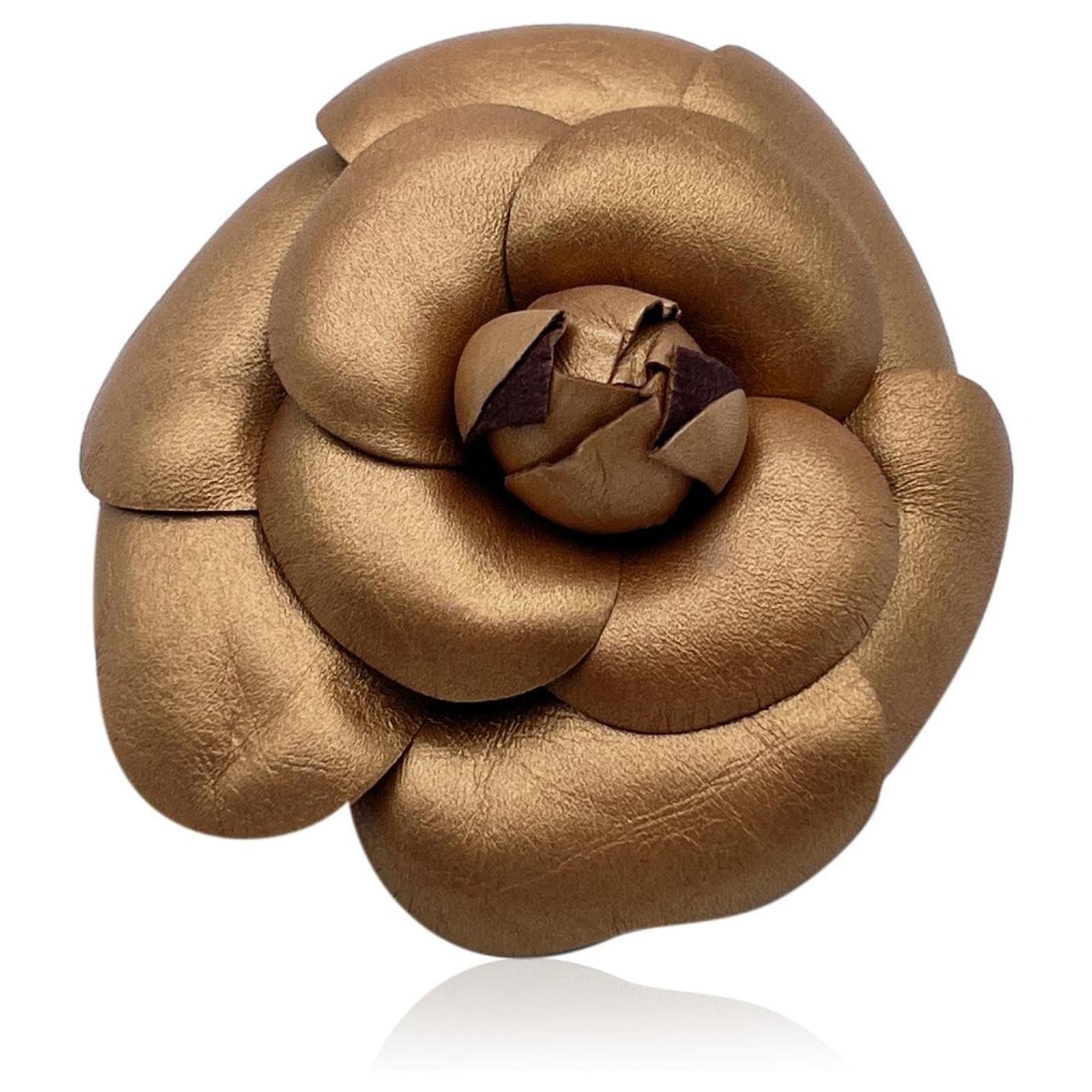 Chanel Vintage Gold Leather Camelia Camellia Flower Pin Brooch Golden   - Joli Closet