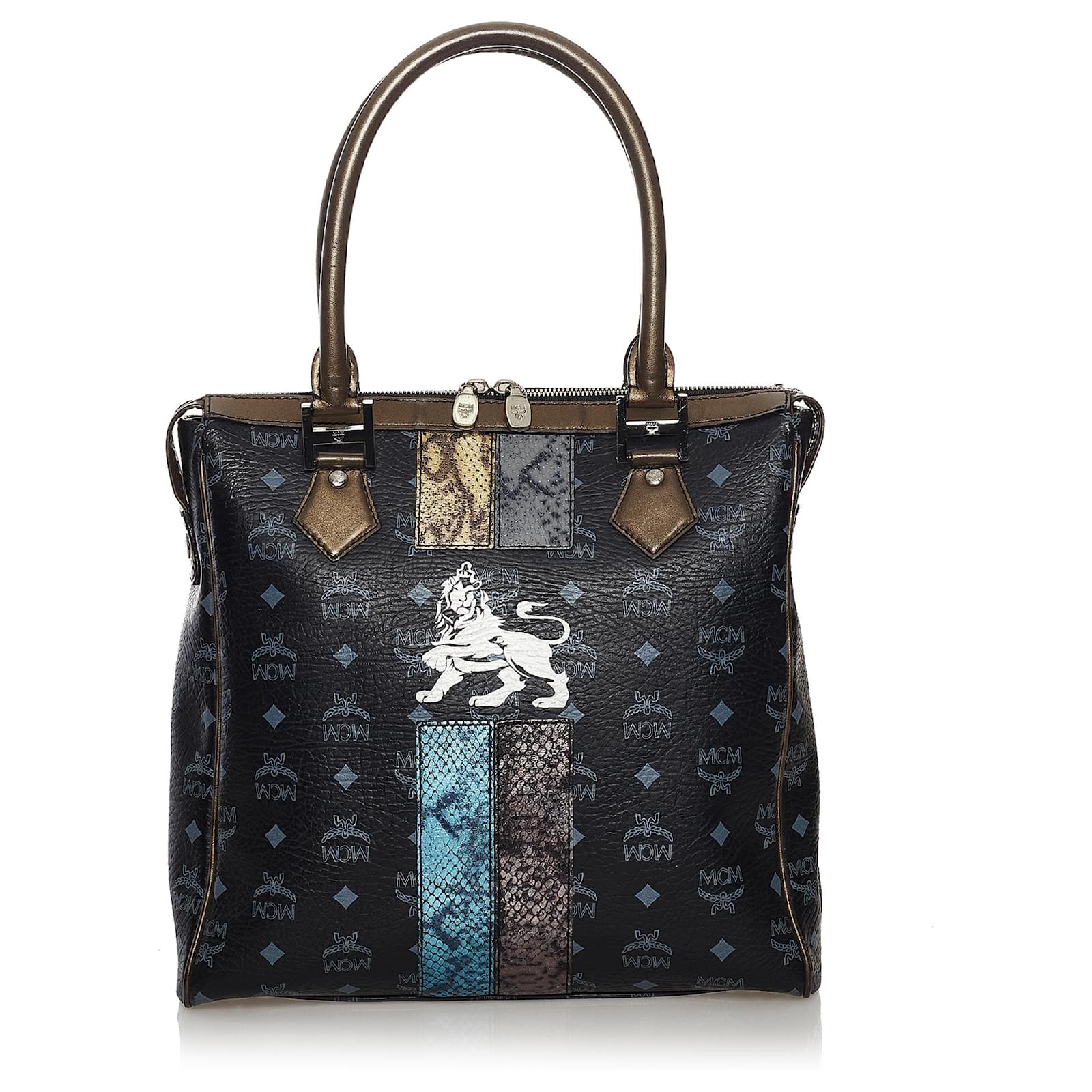 小物 MCM Visetos Princess Lion Leather MCM Black Visetos Lion Princess Leather Tote Bag Multiple