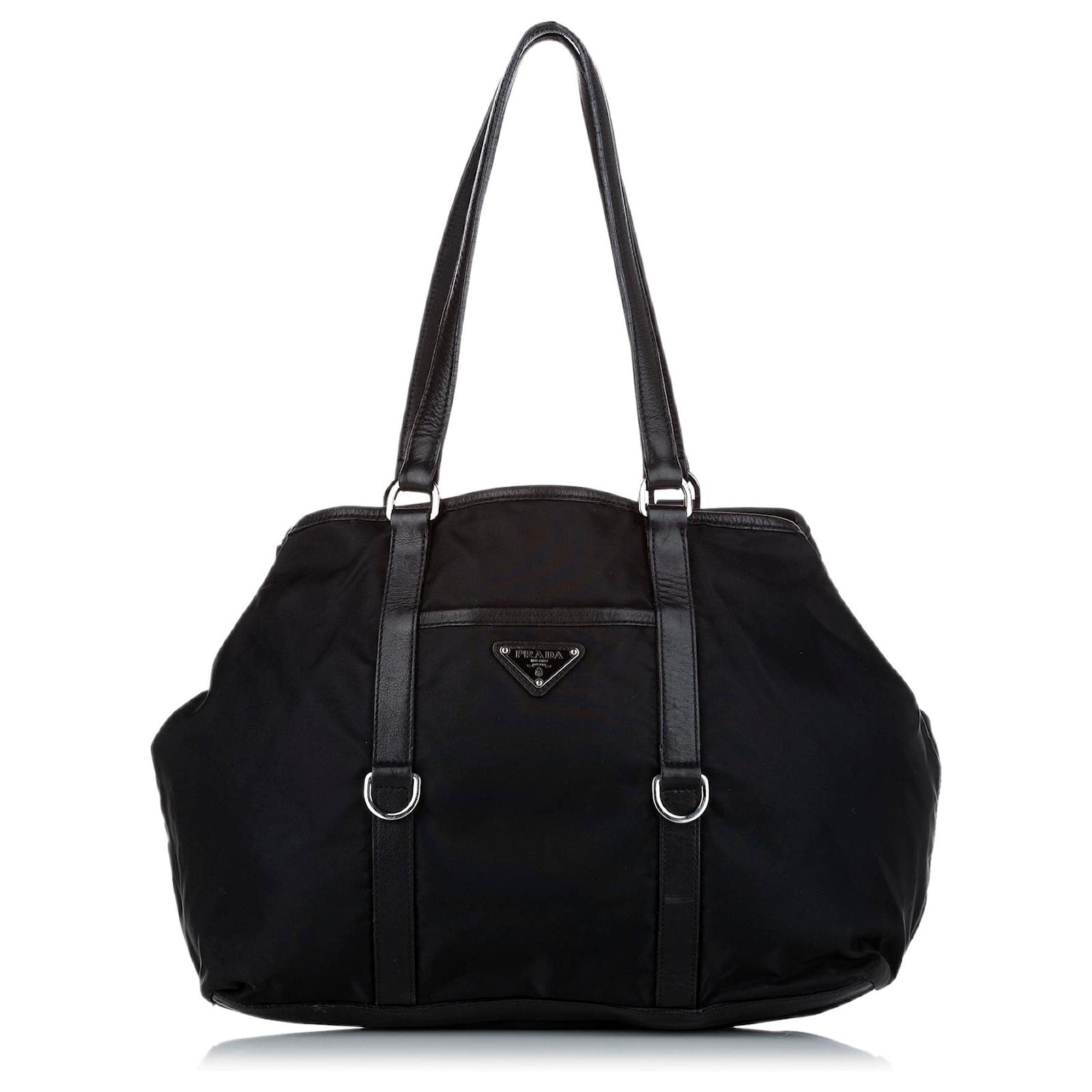 Prada Black Tessuto Nylon Calf Leather Trim Satchel Tote Bag