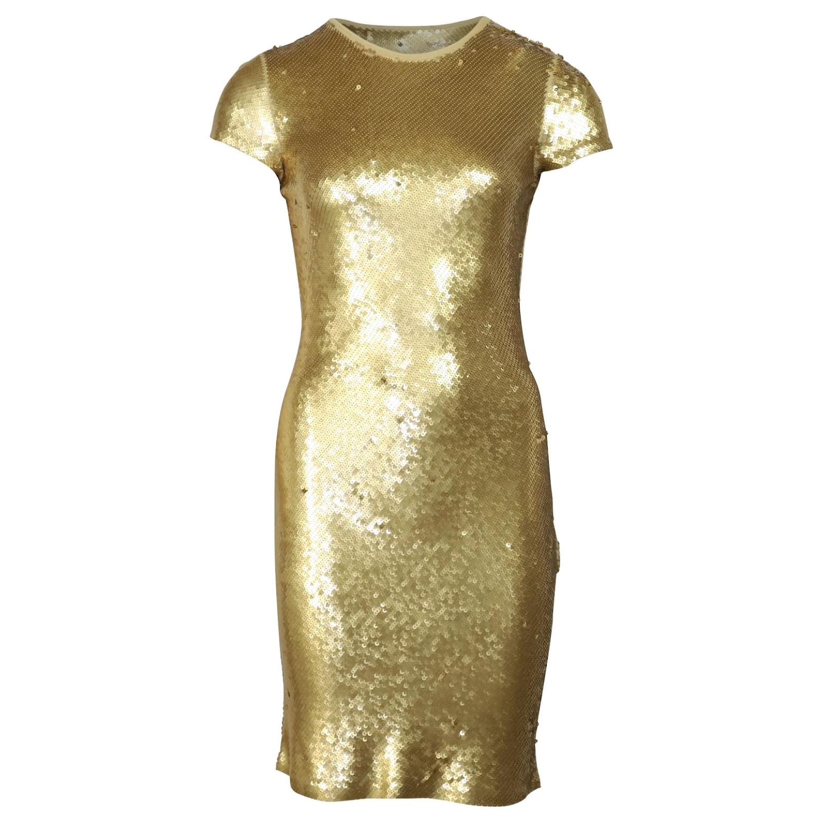 Michael Kors Sequin-Embellished Shift Night Out Dress in Gold Viscose  Golden Metallic  - Joli Closet