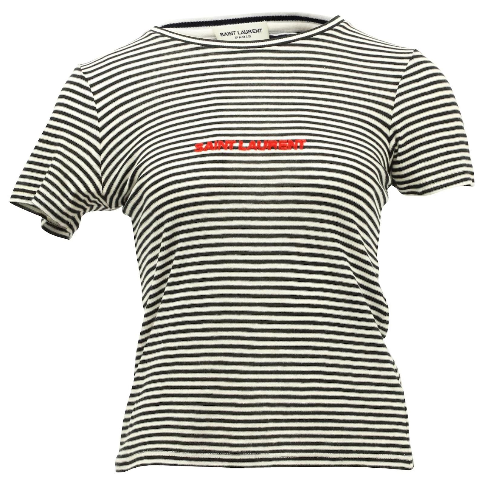 Saint Laurent Striped Logo T-Shirt in Black Cotton ref.553800