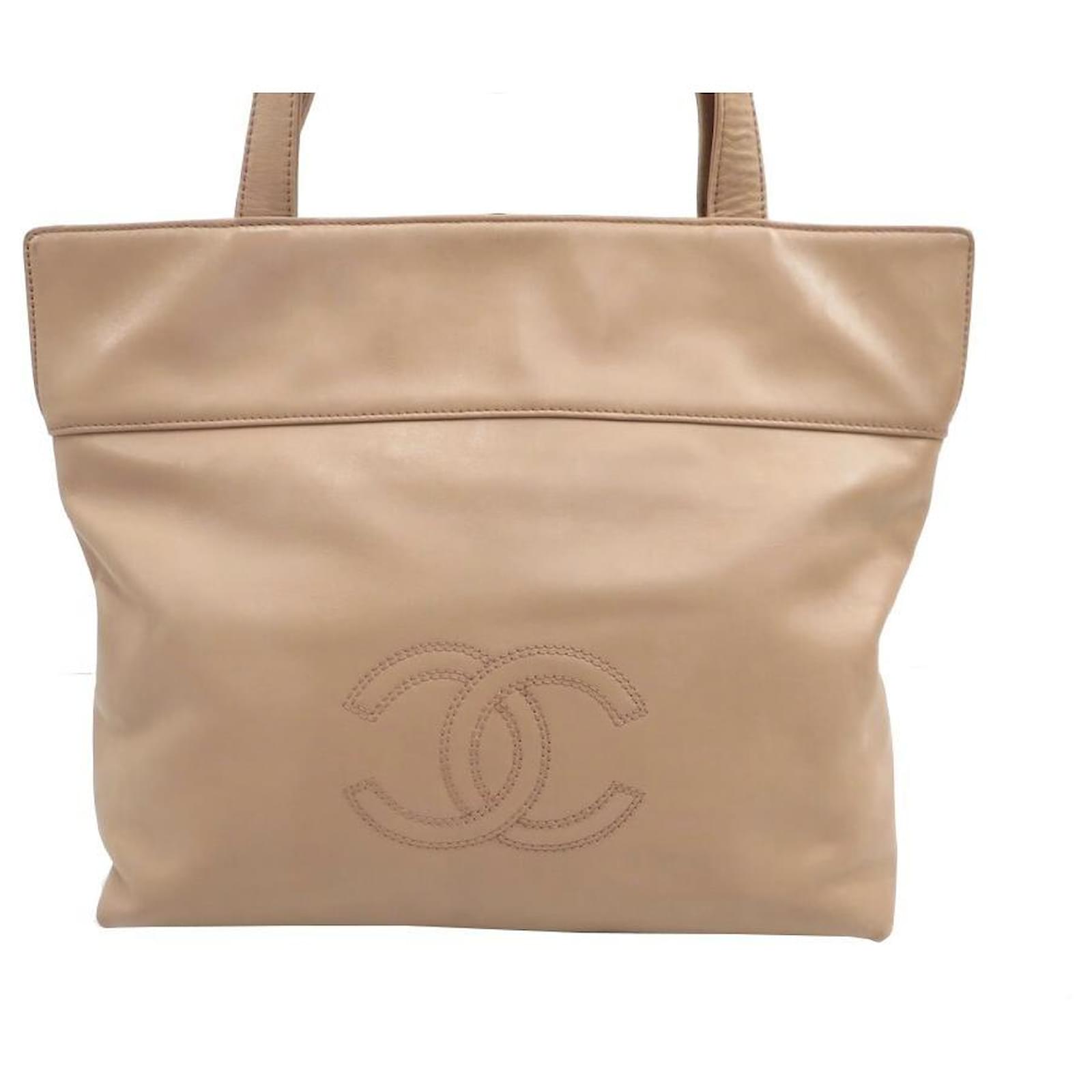 CHANEL CABAS SHOPPING LOGO CC BEIGE LEATHER HAND BAG TOTE PURSE