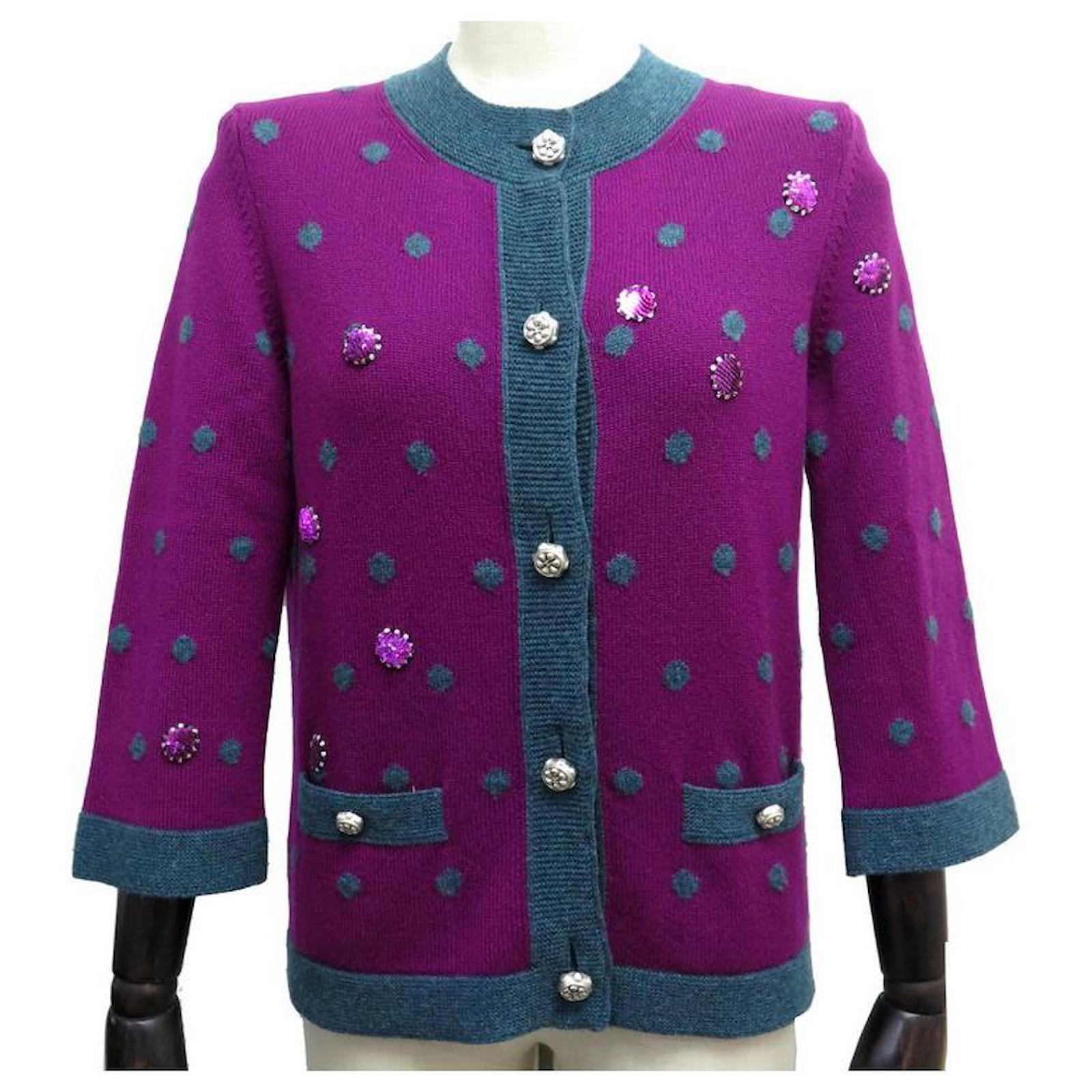 NEW CHANEL SWEATER VEST CARDIGAN WITH POLKA DOT M 38 PURPLE
