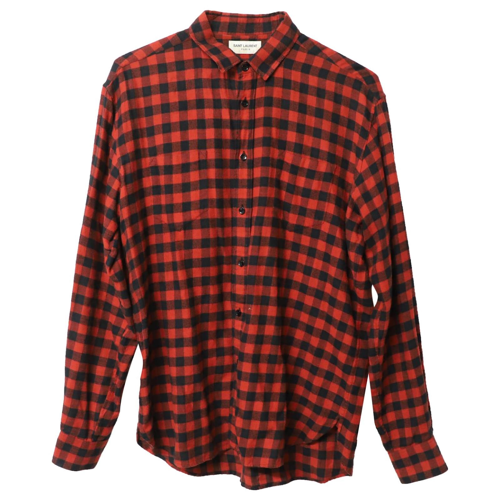 Saint Laurent Flannel Check Button Up Shirt Red Grey Cotton