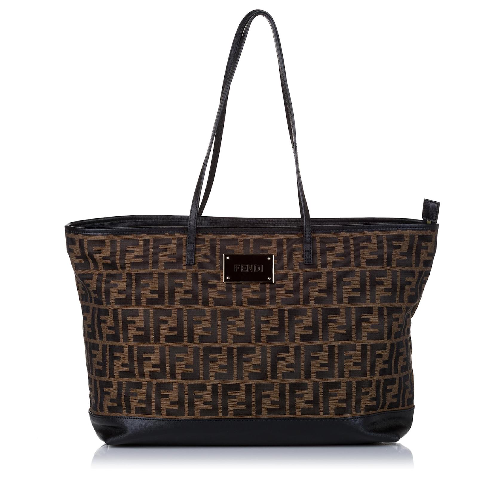 Fendi Brown Zucca Canvas Tote Bag Black Leather Cloth Pony-style ...