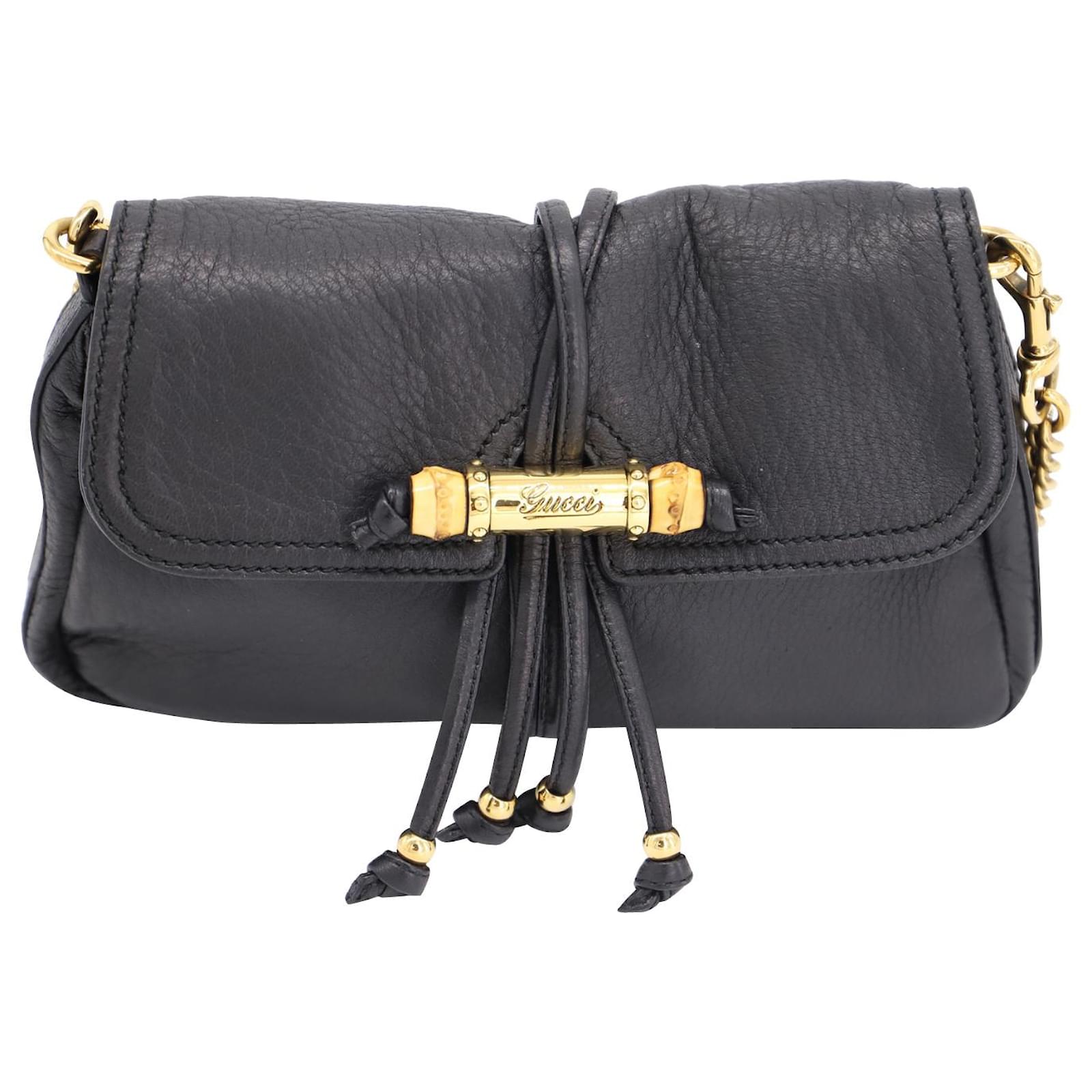 Gucci Black Leather Croisette Chain Bamboo Bag