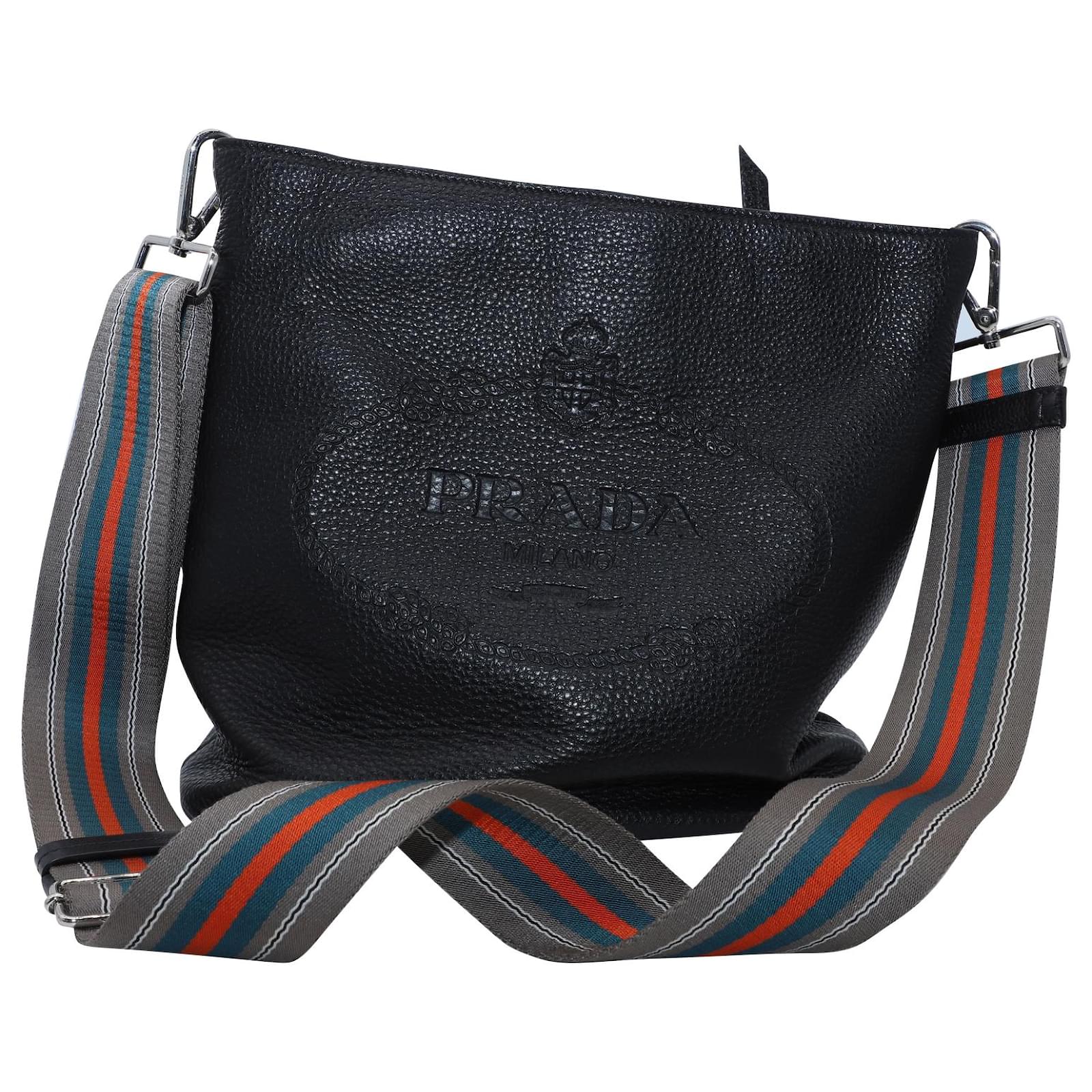 Prada Vitello Phenix Black Leather Web Strap Crossbody Bucket Bag 