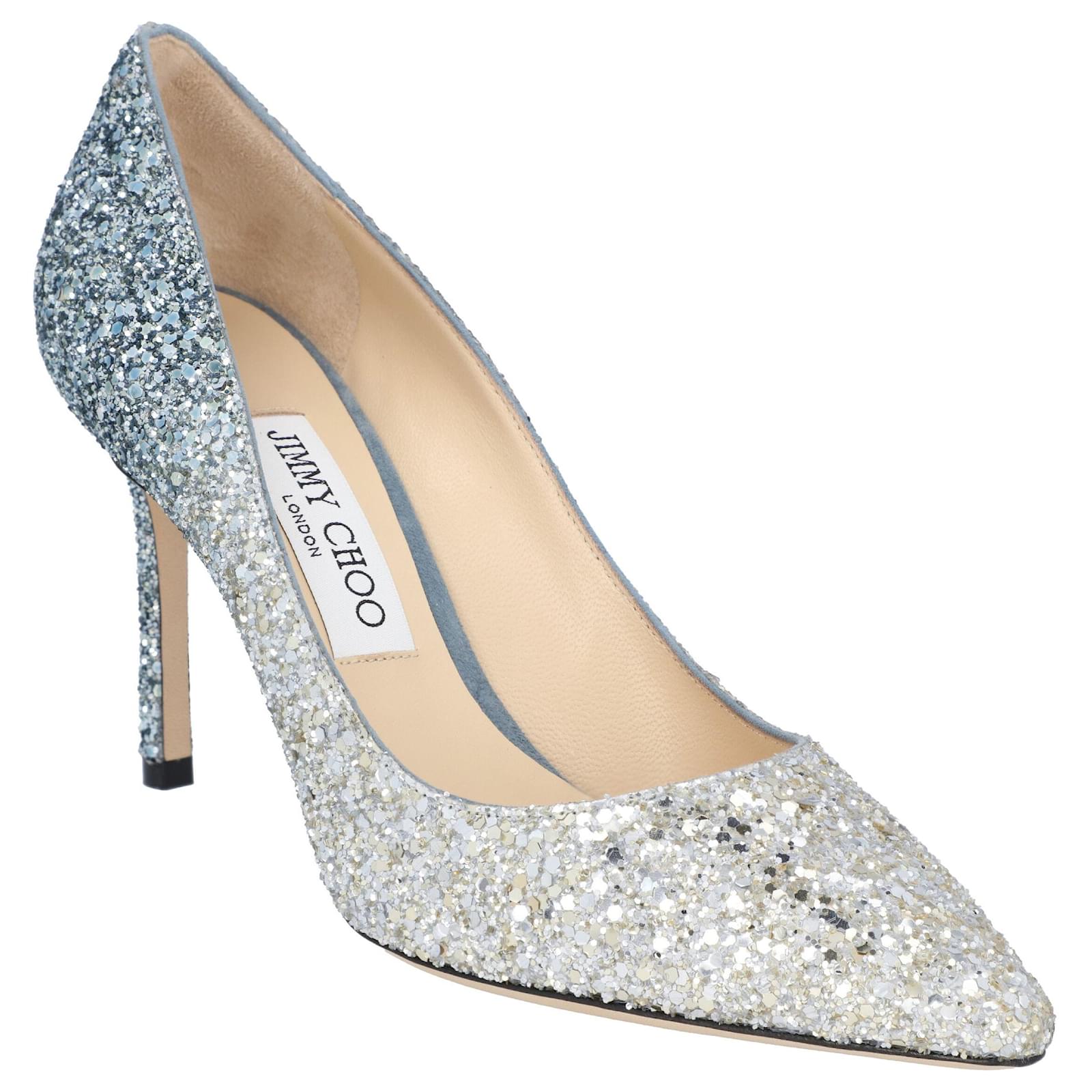 Jimmy Choo women Romy 85 silver and dusk blue glitter pumps