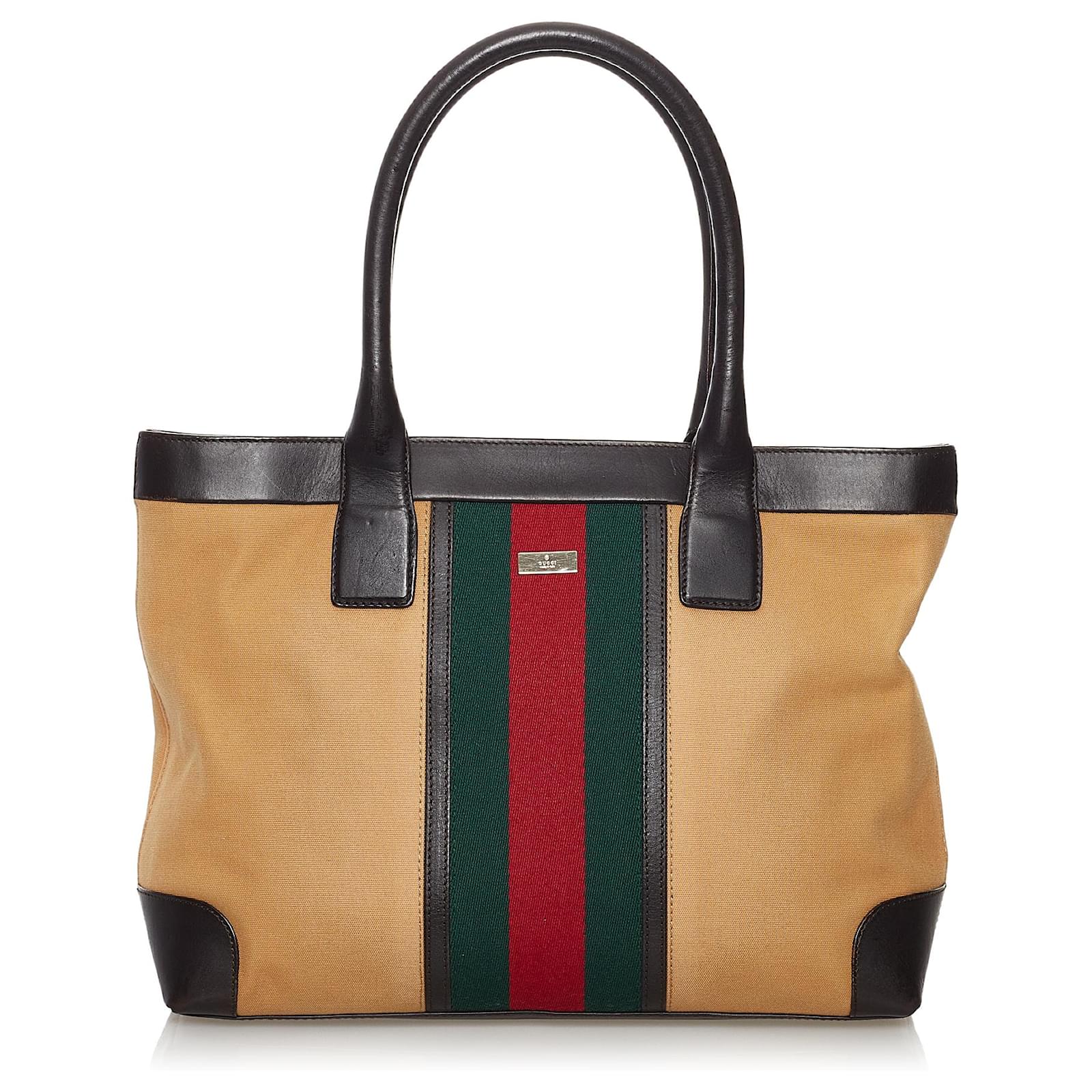 Gucci Brown Web Canvas Tote Bag Multiple colors Beige Leather Cloth ...