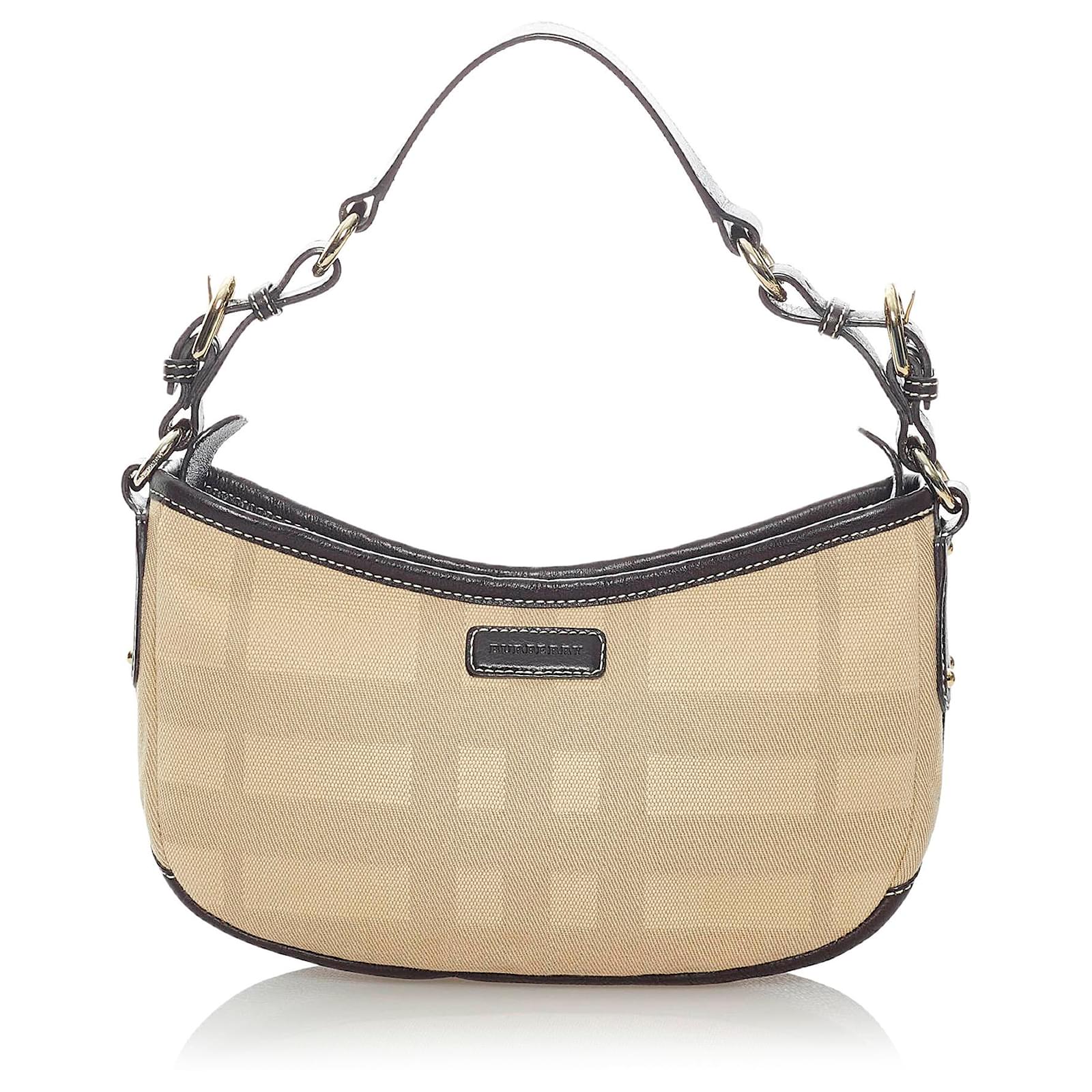 Leather-trimmed checked canvas shoulder bag