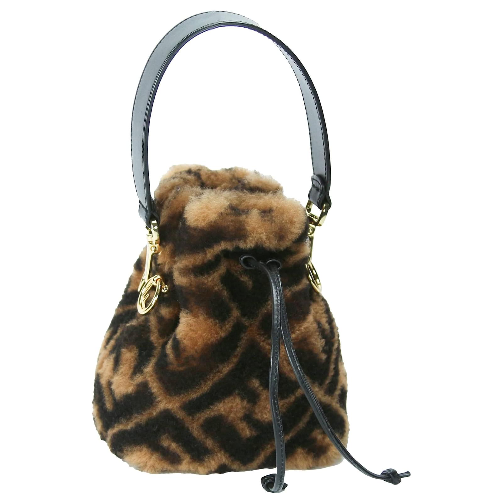 Fendi Mini Mon Trésor Sherling Bucket Bag Brown Wool ref.564232