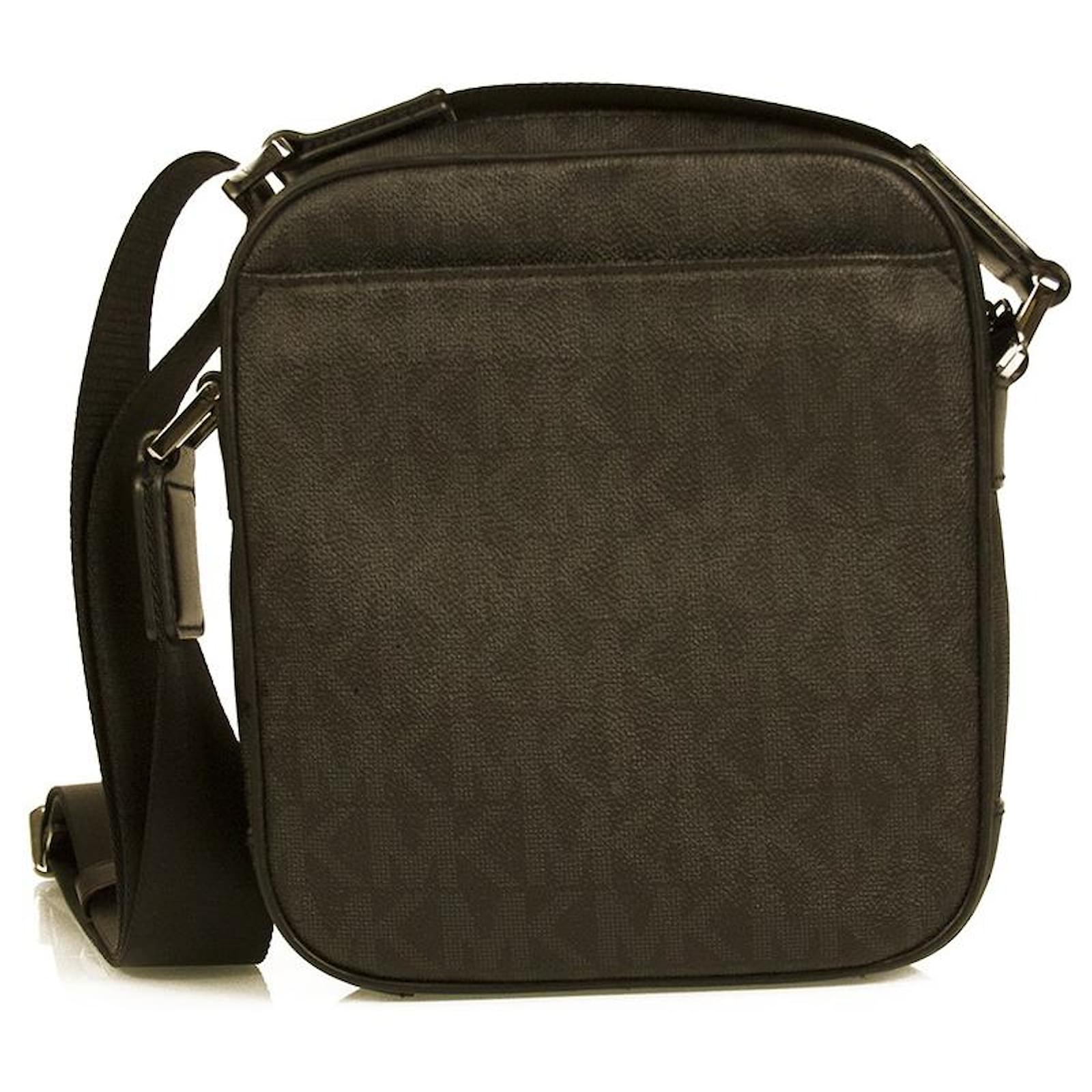 Michael Kors Monogram Black Gray Coated Canvas Logo Men Unisex Crossbody Bag  Leather  - Joli Closet