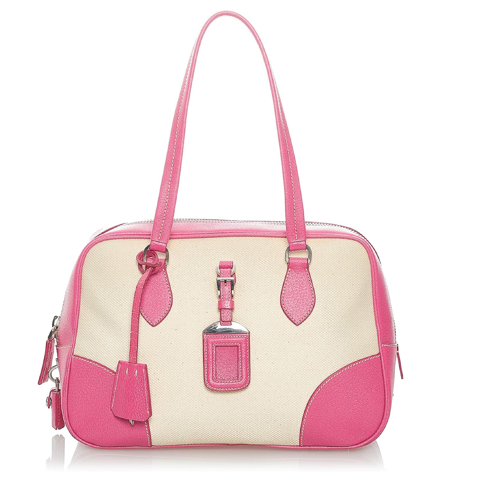 Prada Brown Canvas Shoulder Bag Pink Beige Leather Cloth Pony-style  calfskin Cloth  - Joli Closet