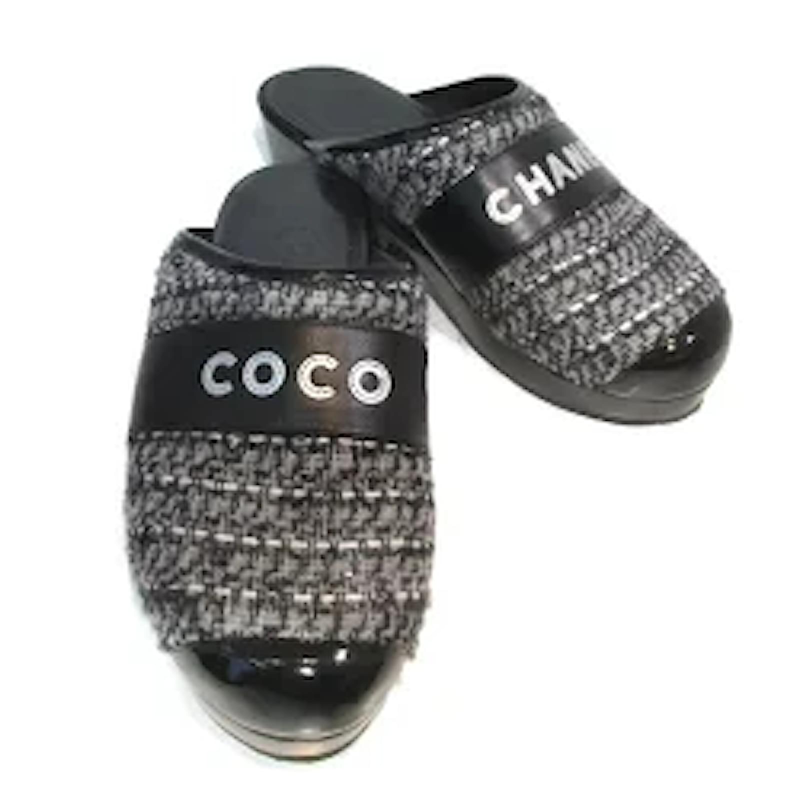 Chanel Sandals Black Leather Tweed  - Joli Closet