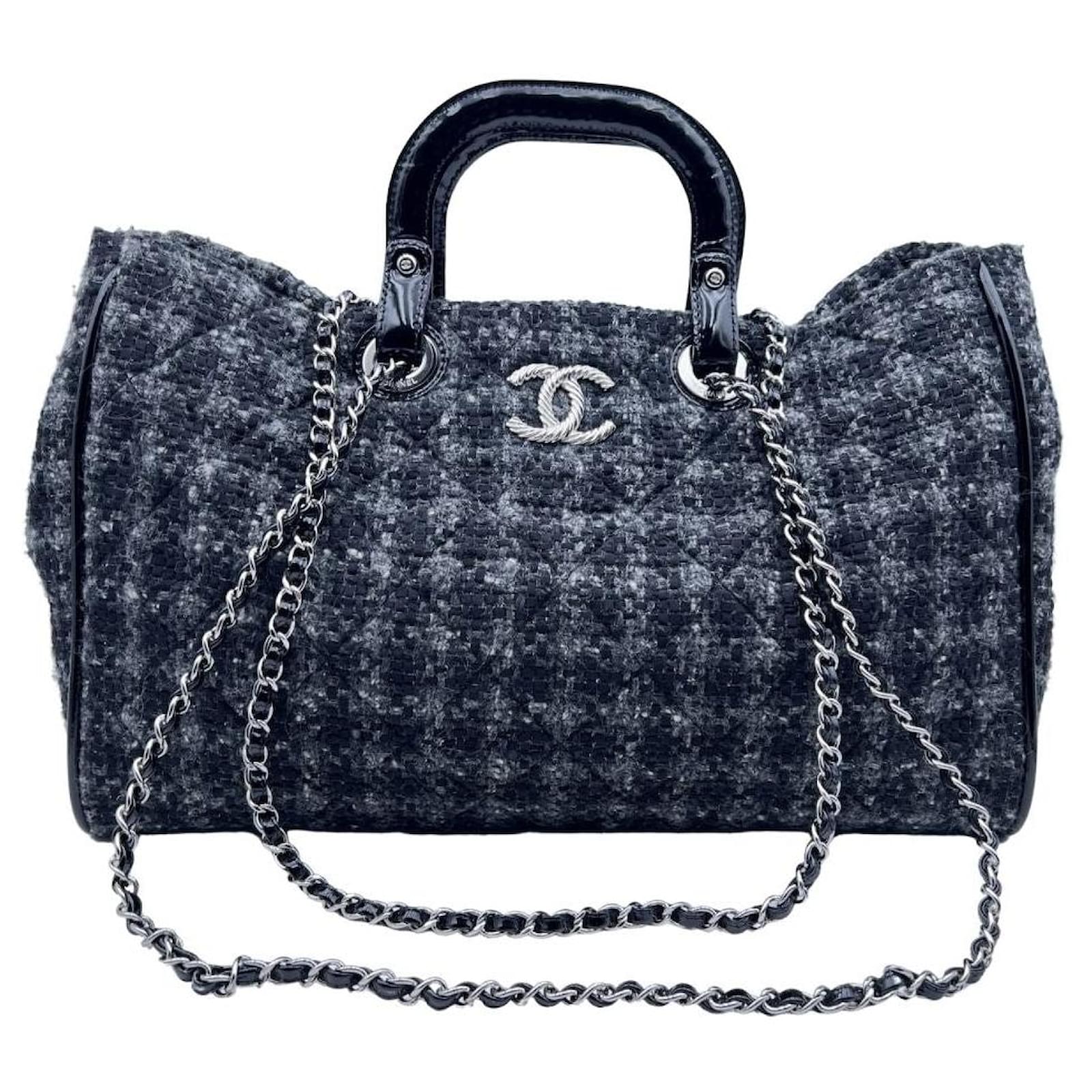 Chanel Grey Tweed and Patent Leather Tote Shoulder Bag Wool ref