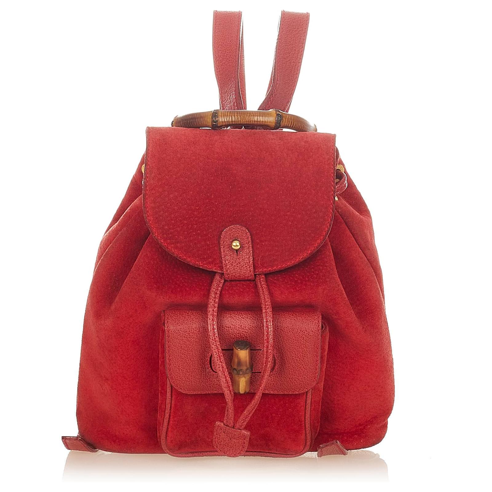 Gucci Red Suede Bamboo Backpack