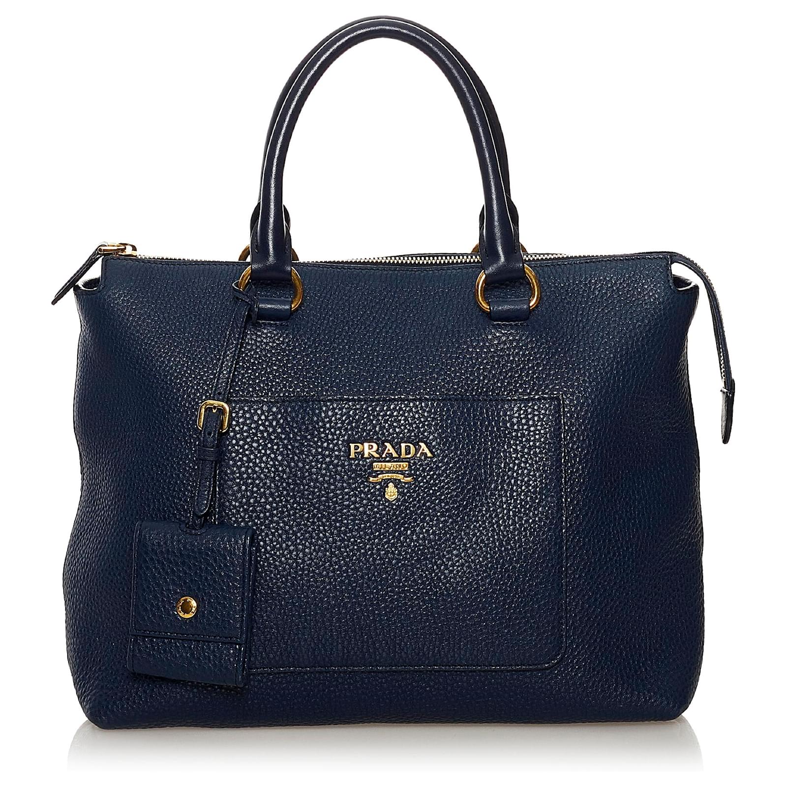 Prada Blue Vitello Daino Satchel Dark blue Leather Pony-style calfskin ...