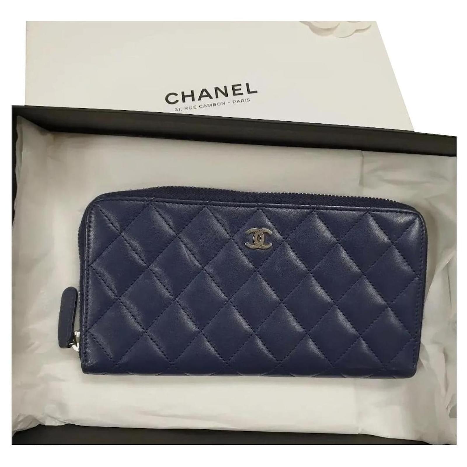 Chanel Navy Blue Quilted Lambskin Leather L Gusset Zip Wallet