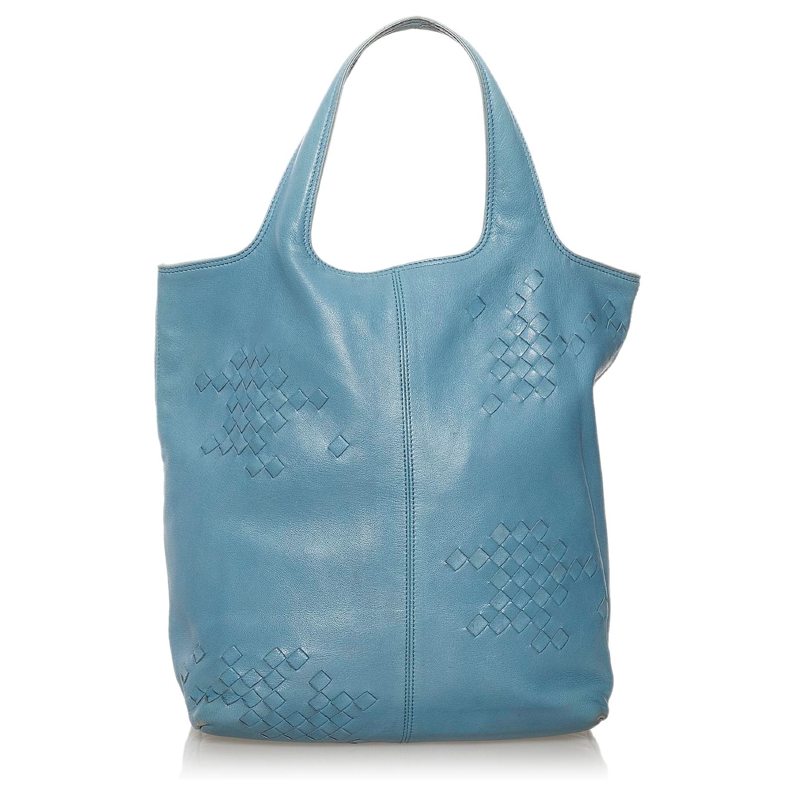 BOTTEGA VENETA Intrecciato Tote Handbag Blue Woven Leather