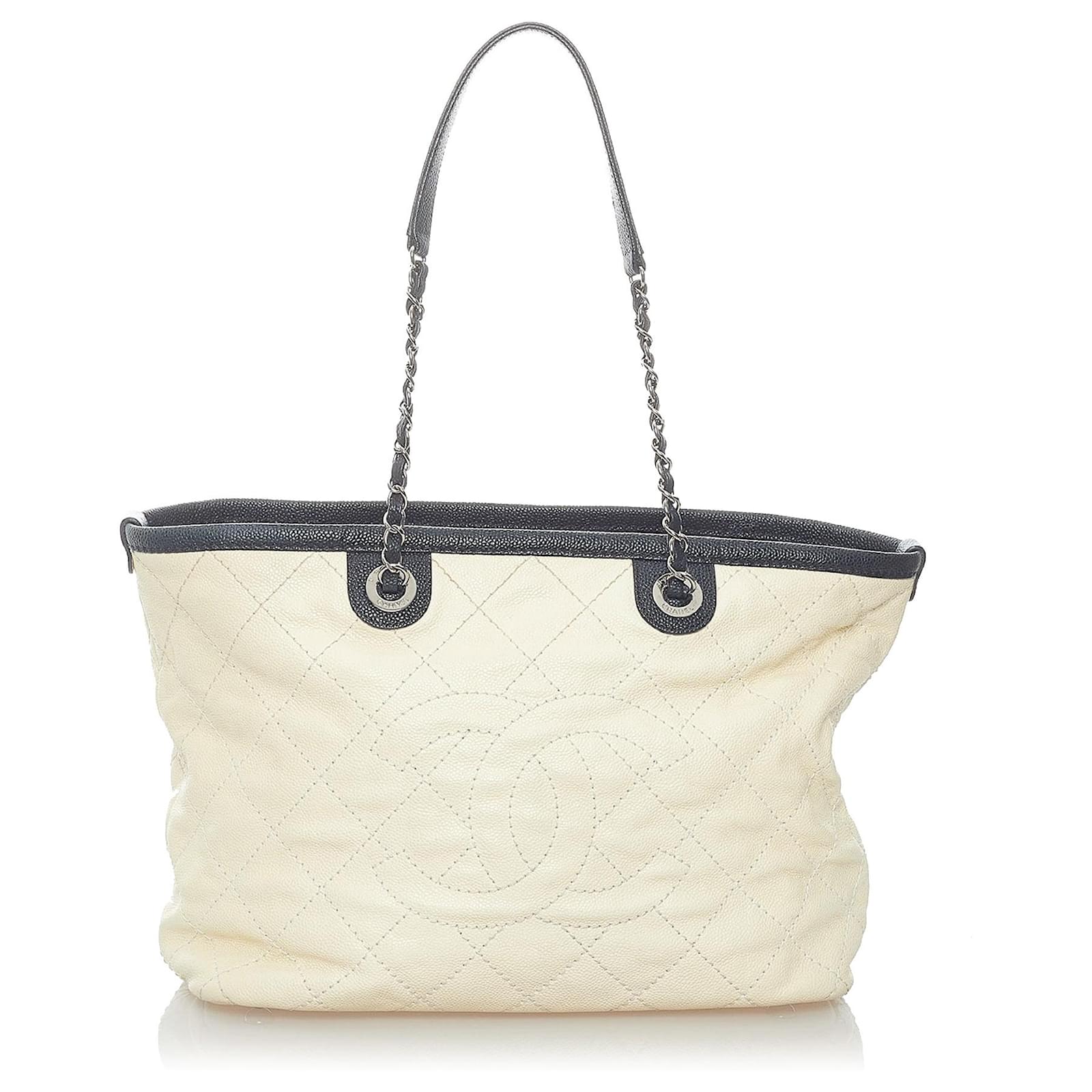 Chanel White Caviar Shopping Tote Bag Black Leather Metal ref.570071 - Joli  Closet