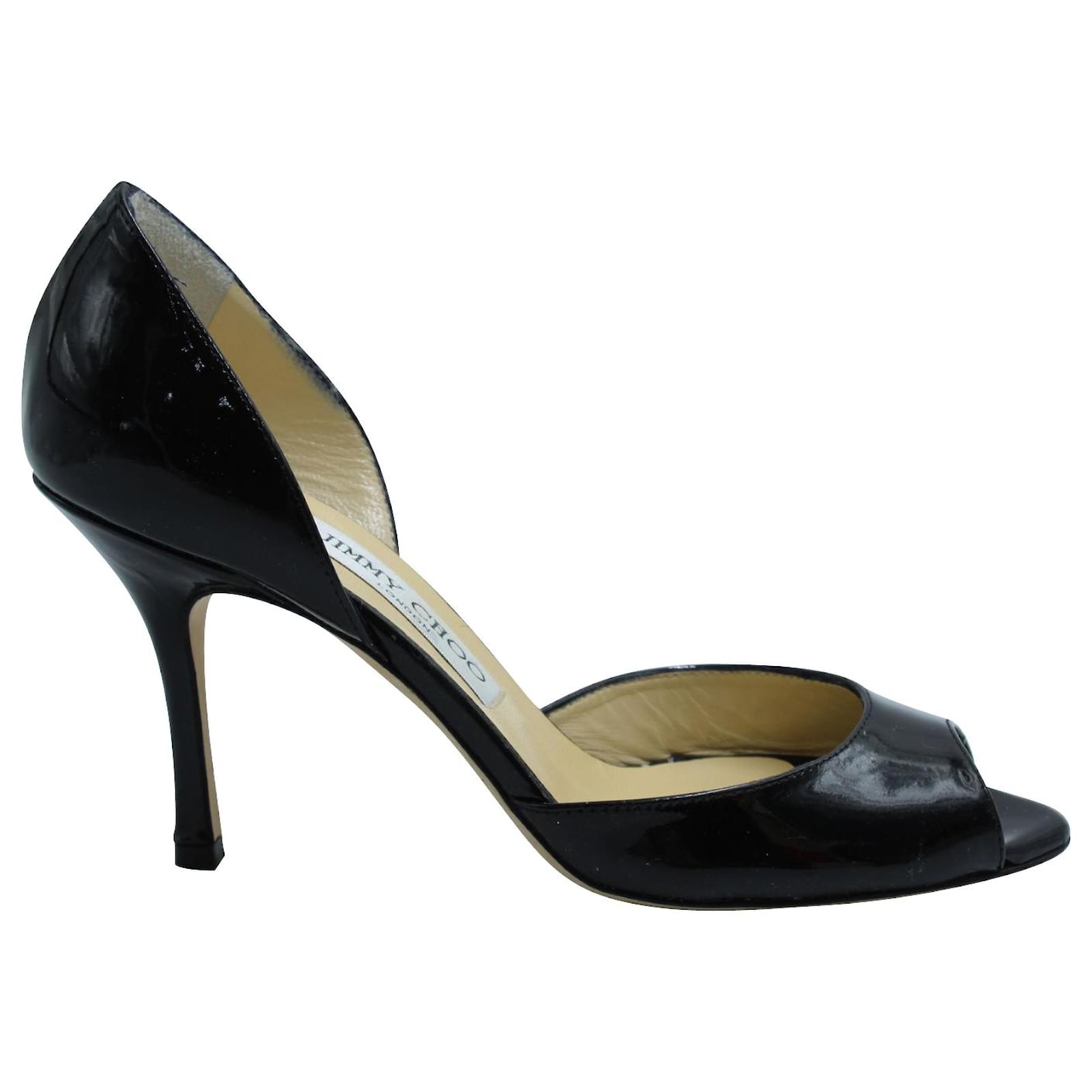Décolleté Jimmy Choo Logan Open Toe in pelle verniciata nera Nero