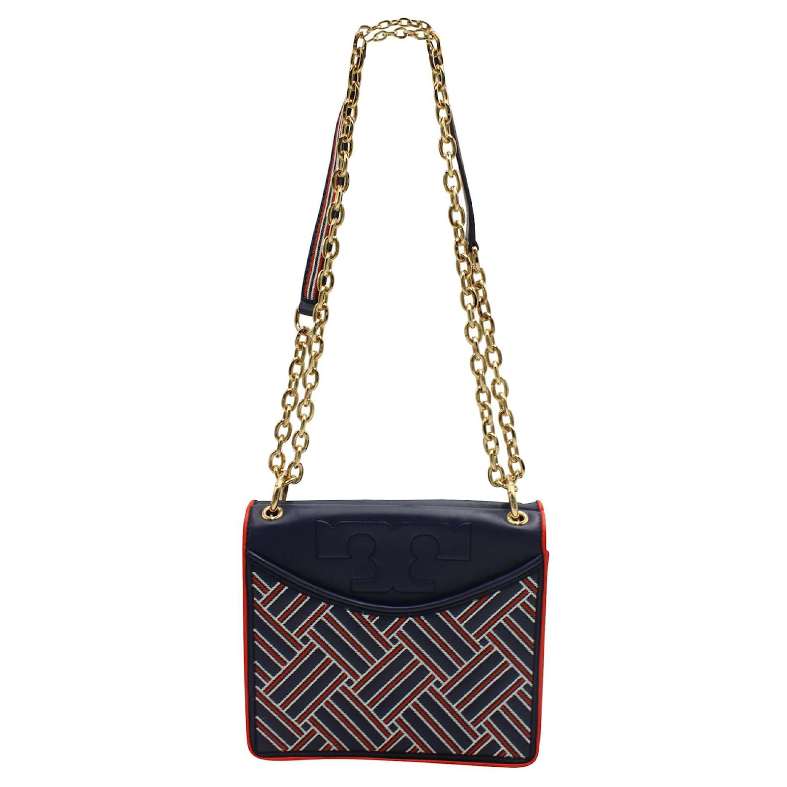 Tory Burch Navy Blue /Red Shoulder Bag with Golden Chain Leather   - Joli Closet