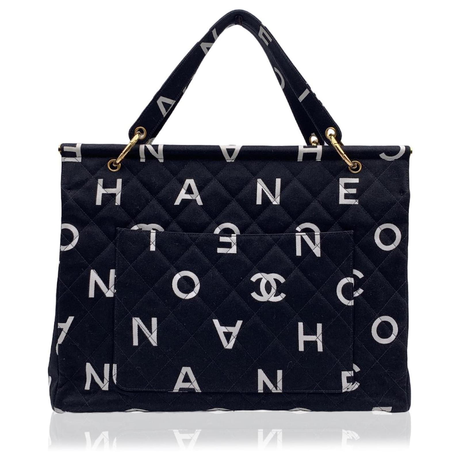 Chanel Vintage Black and White Quilted Canvas Logo Letters Tote