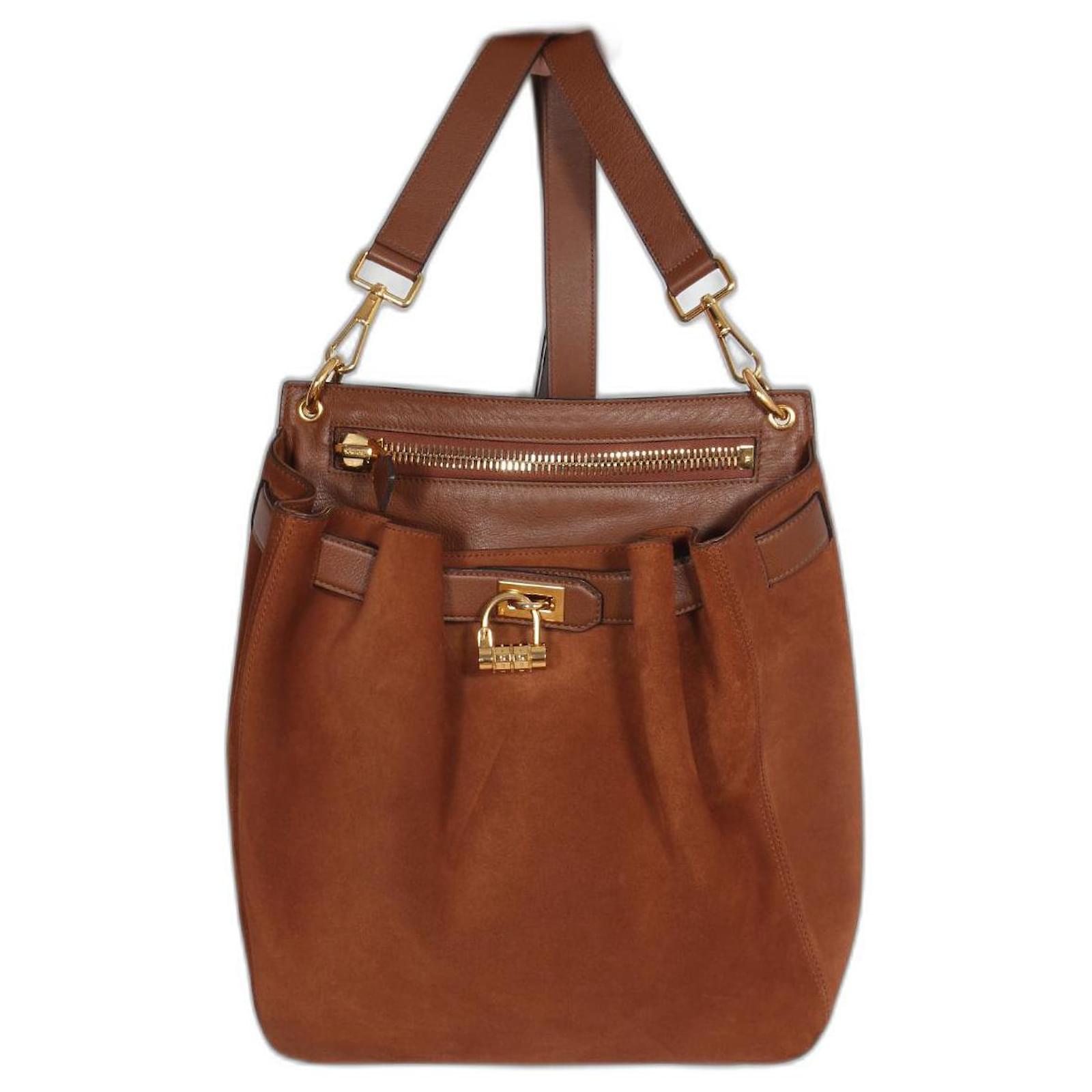 Tom Ford Lock-Front Sling Bag, Backpack. Brown Suede  - Joli  Closet
