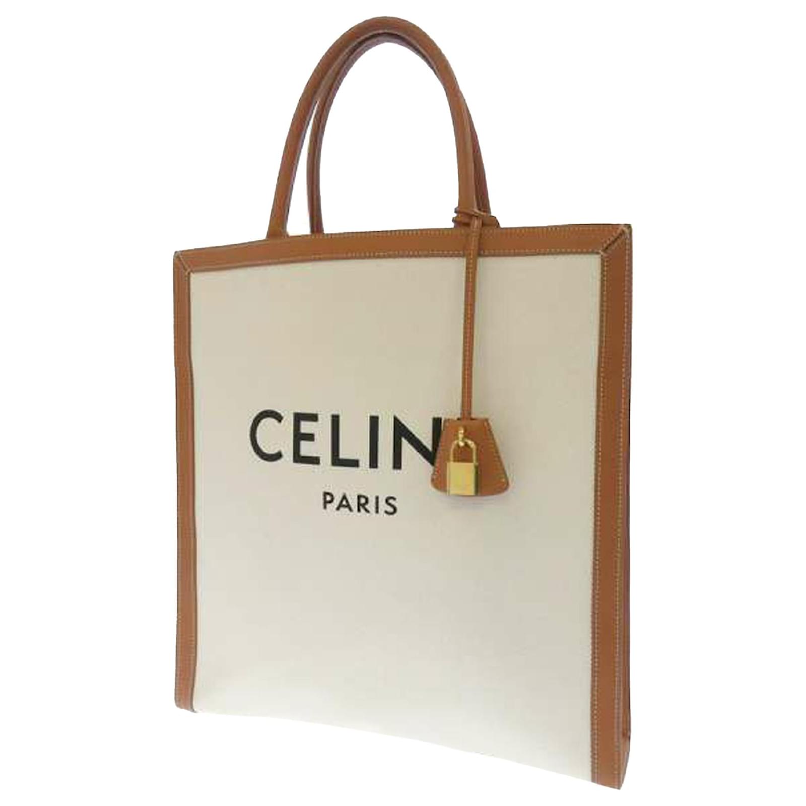 Céline Celine White Vertical Cabas Tote Bag Brown Leather Cloth