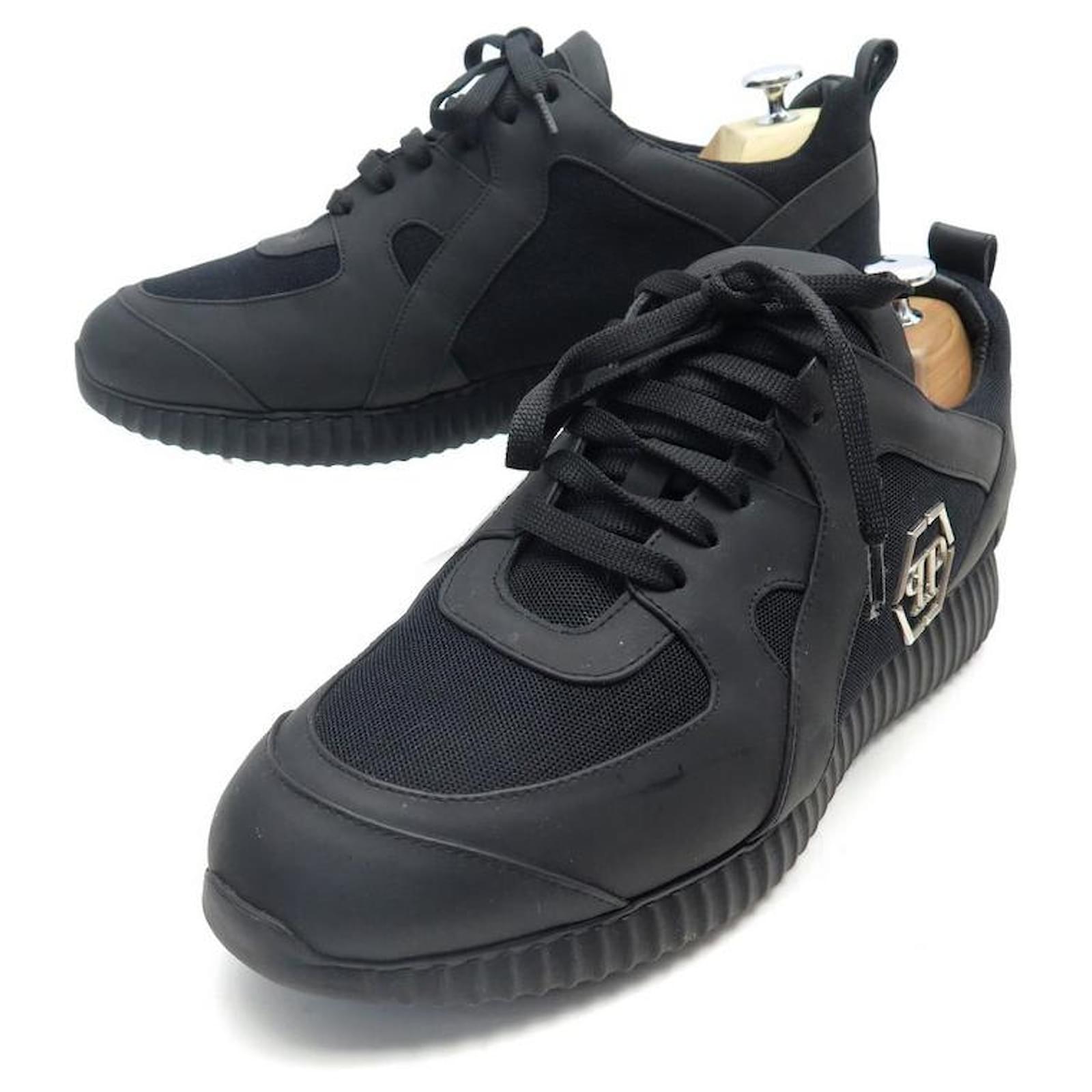 PHILIPP PLEIN SNEAKER SHOES 44.5IT 45FR CANVAS LEATHER BLACK SNEAKERS SHOES ref.574316 pic