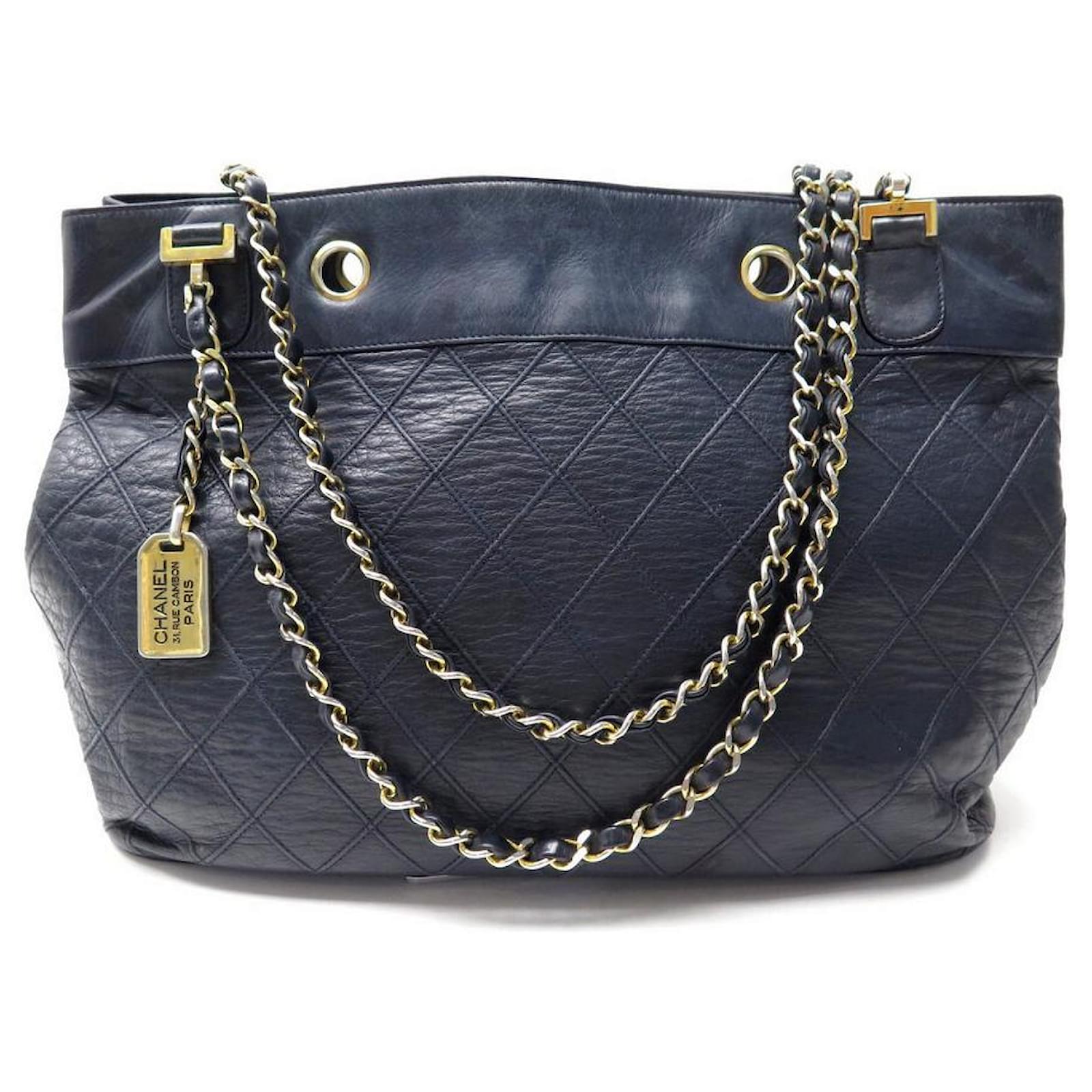 VINTAGE CHANEL CABAS SHOPPING HANDBAG NAVY BLUE QUILTED LEATHER