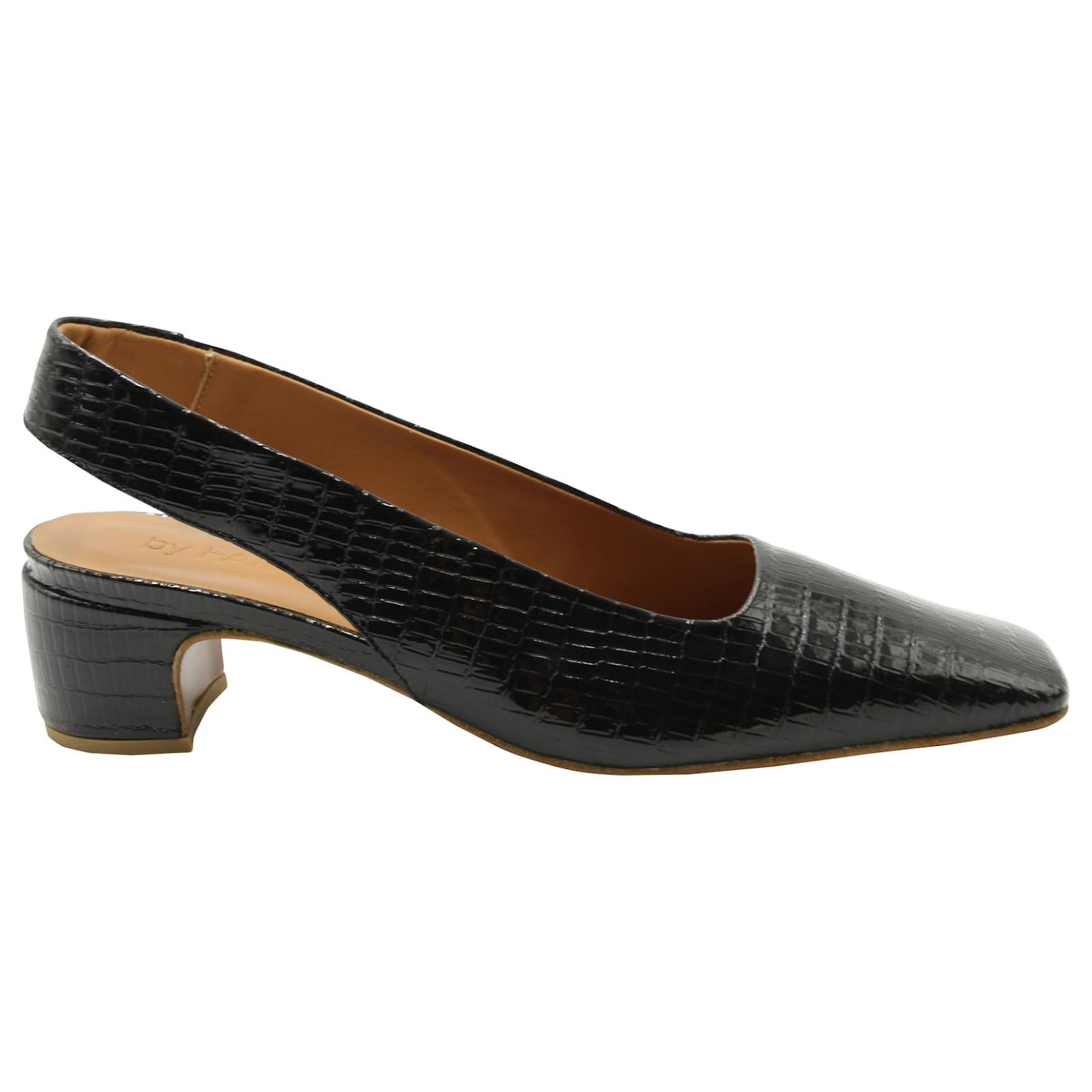 By Far x Reformation Danielle Croc Embossed Sling Back Heels in Black Leather