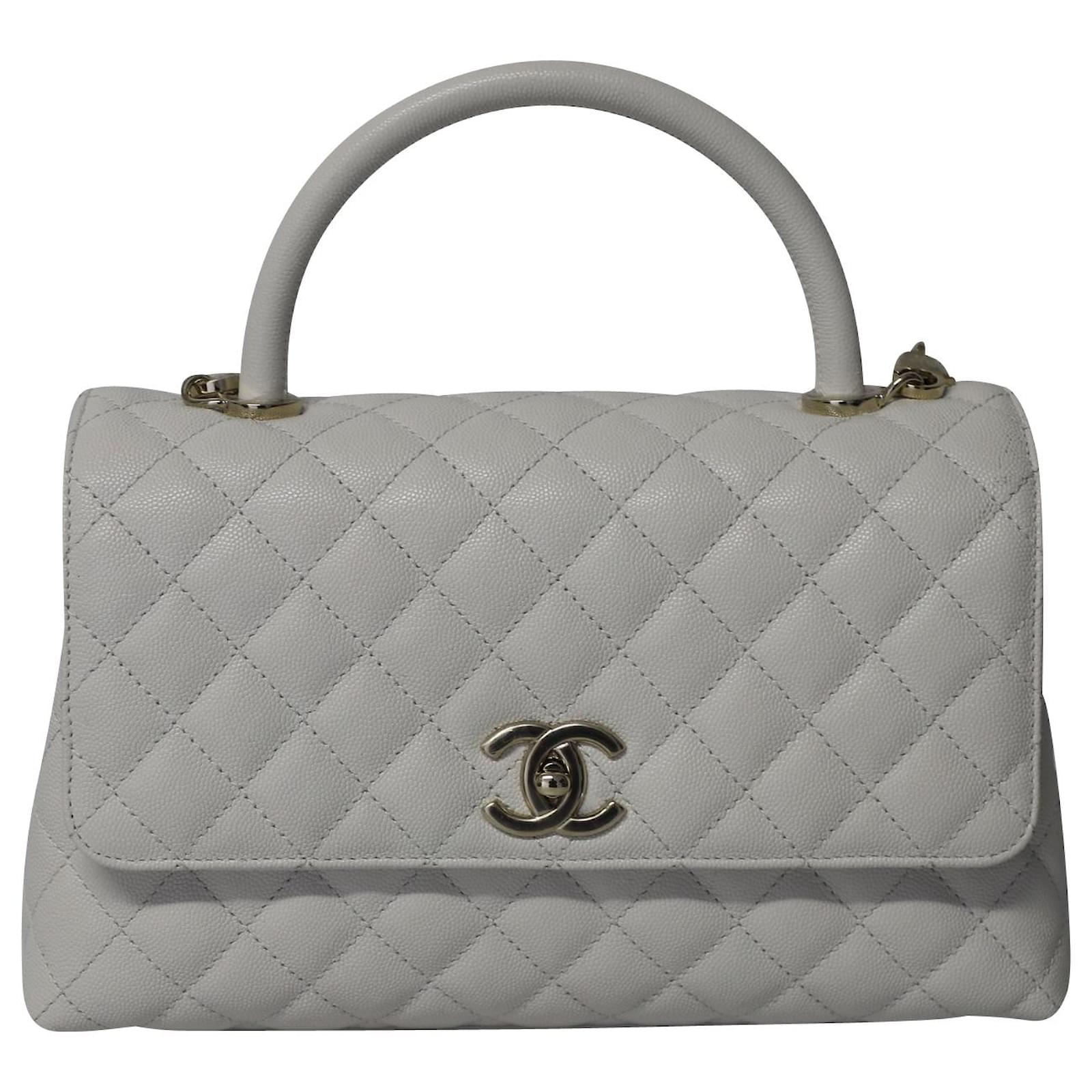 Chanel Diamond Quilted Top Handle Bag in White Caviar Leather
